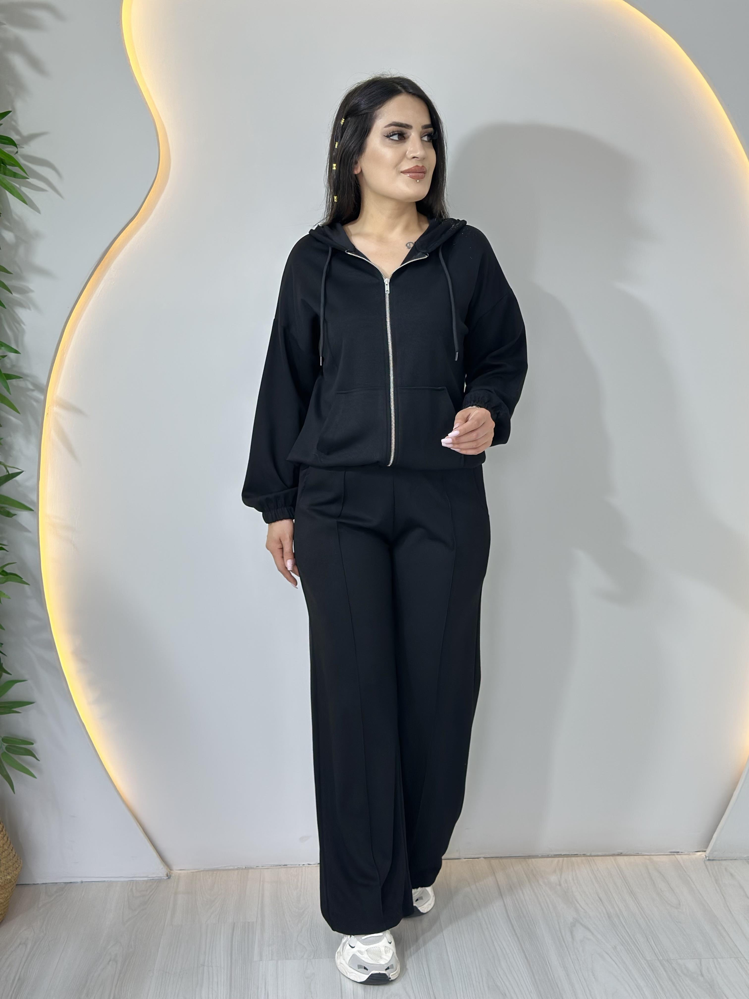 Vina Siyah Ön Fermuarlı  Modal Kumaş Şeritli 2'Li Takım A085