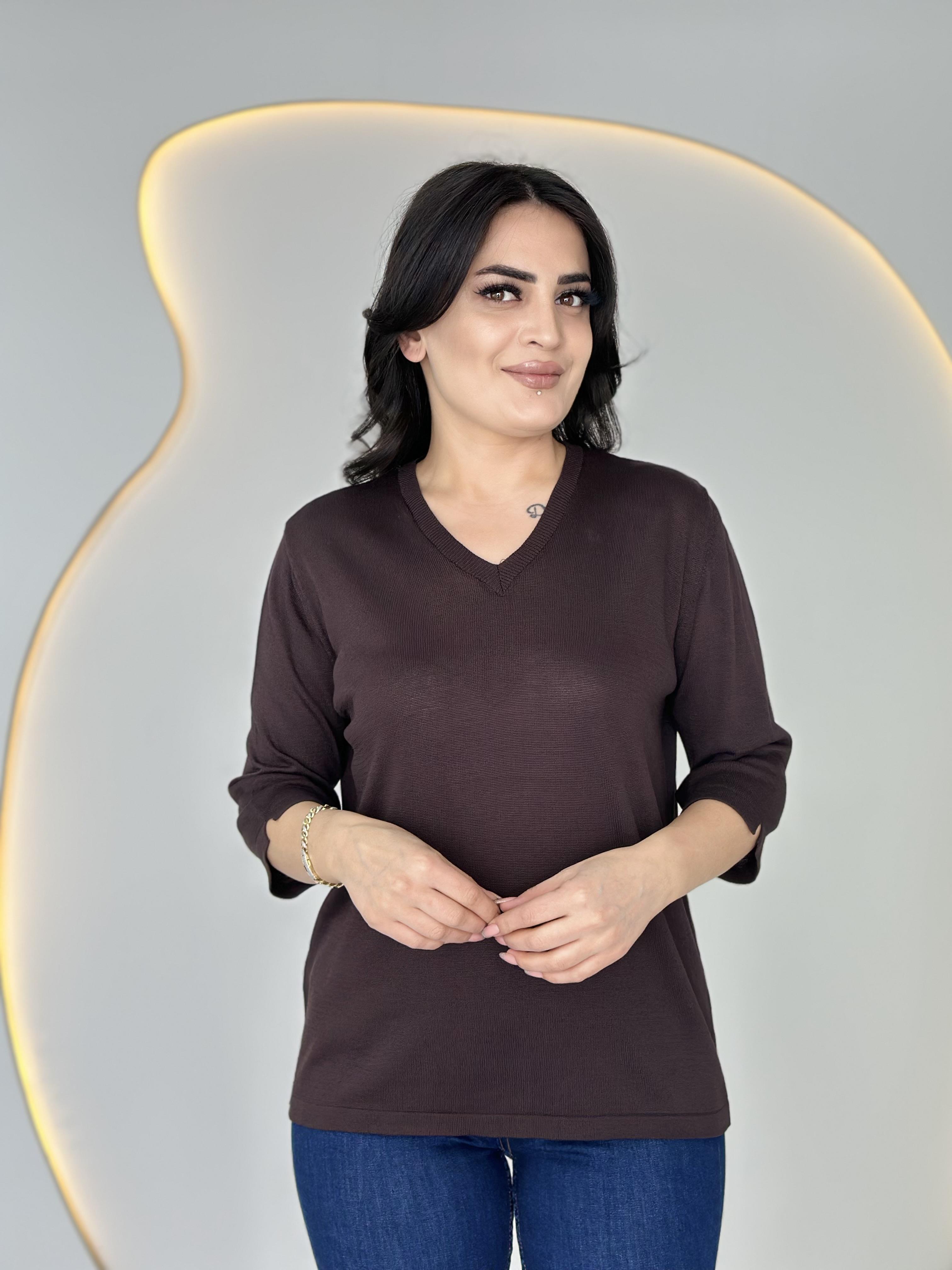 Vior Acı Kahve V Yaka Sim İşlemeli Triko Bluz D025