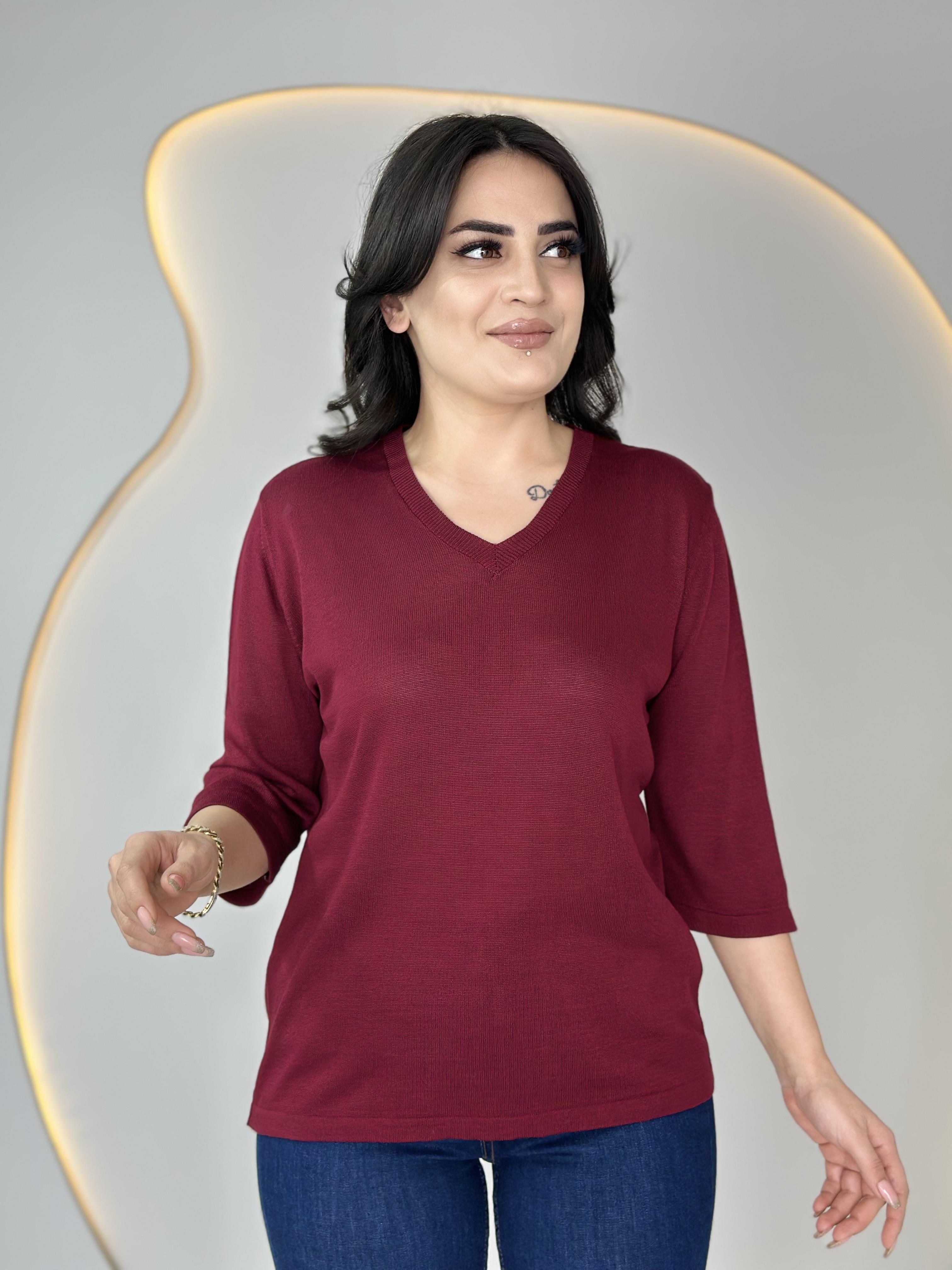 Vior Bordo V Yaka Sim İşlemeli Triko Bluz D025