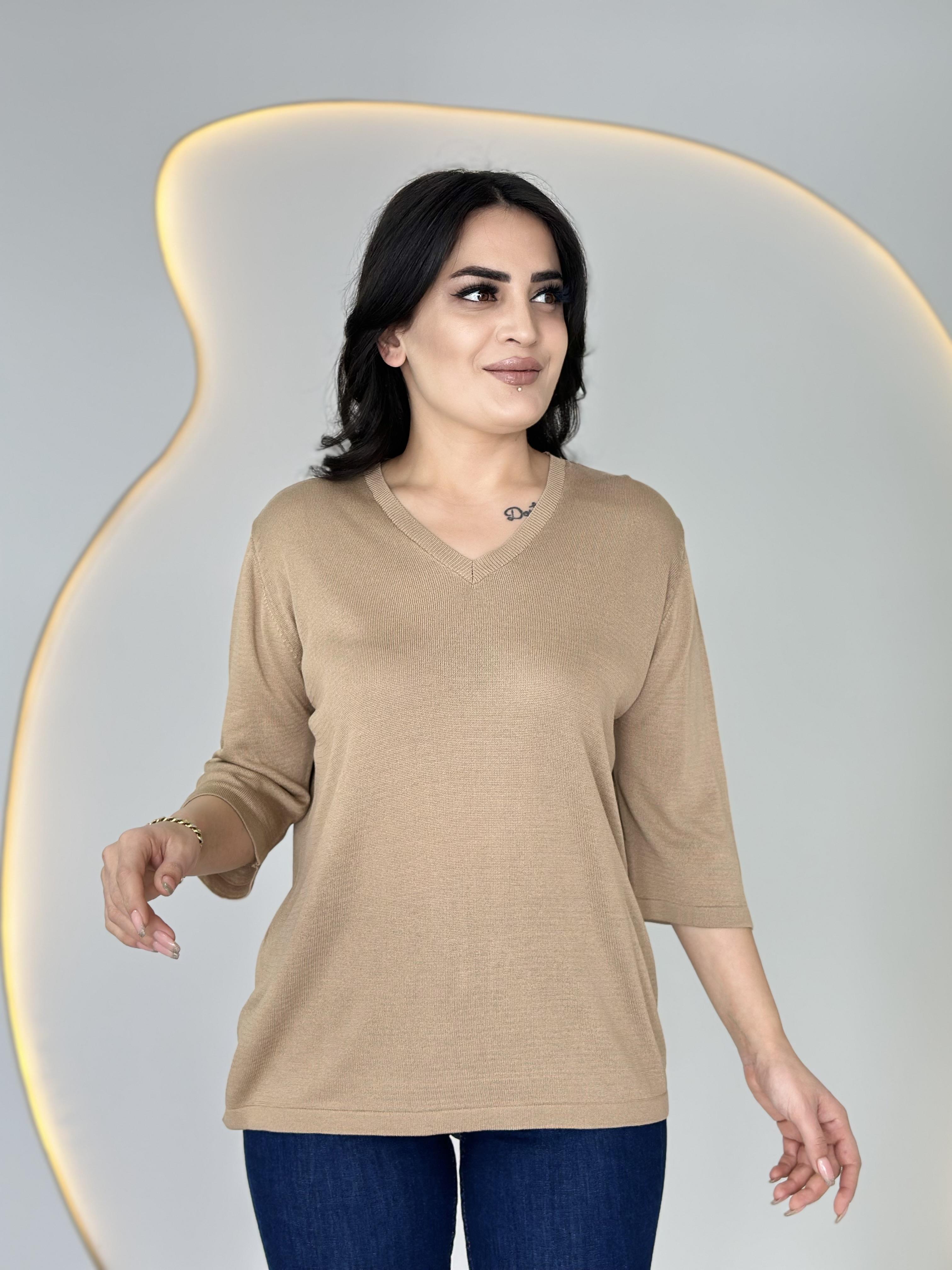 Vior Camel V Yaka Sim İşlemeli Triko Bluz D025