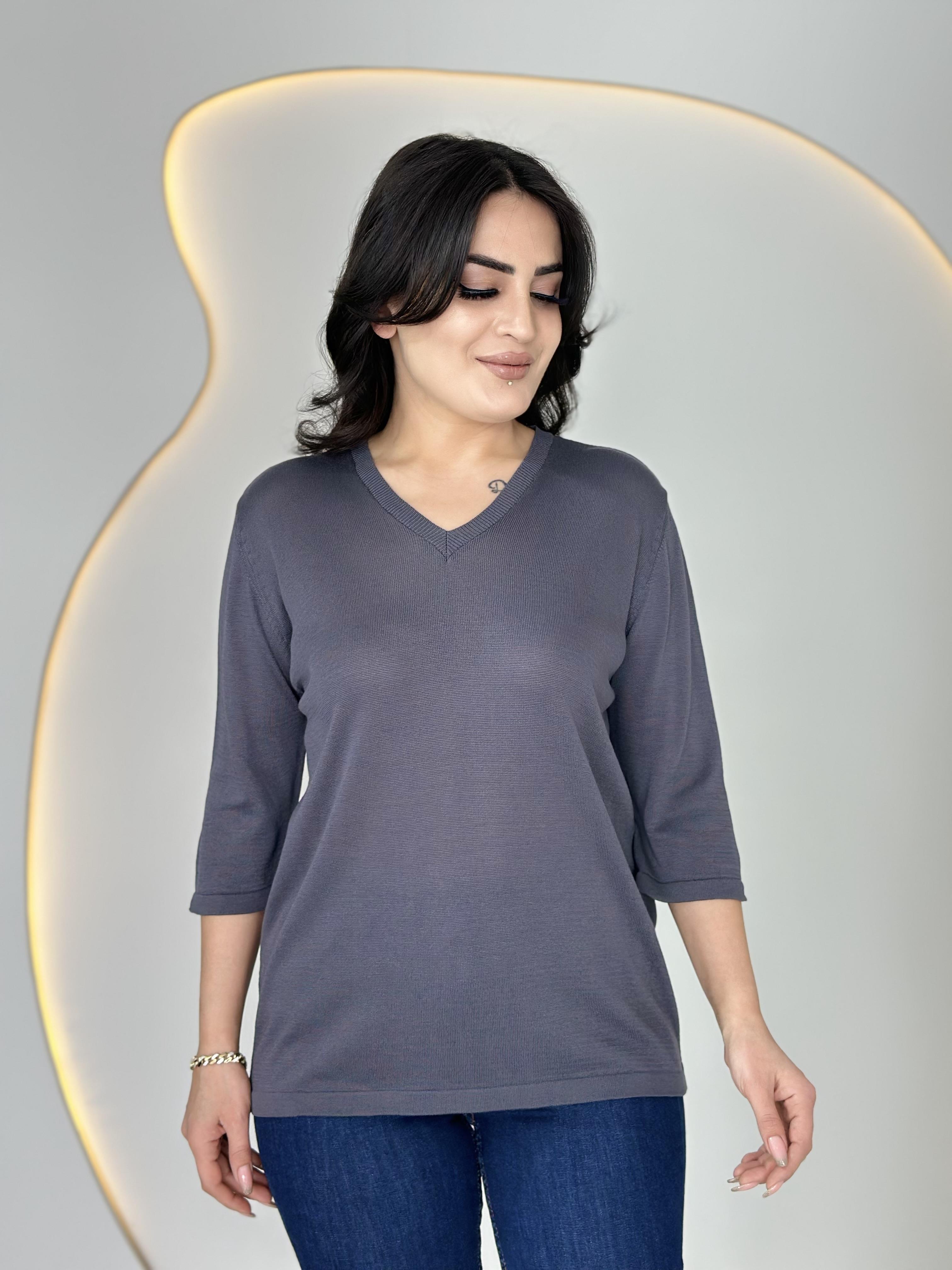 Vior Füme V Yaka Sim İşlemeli Triko Bluz D025