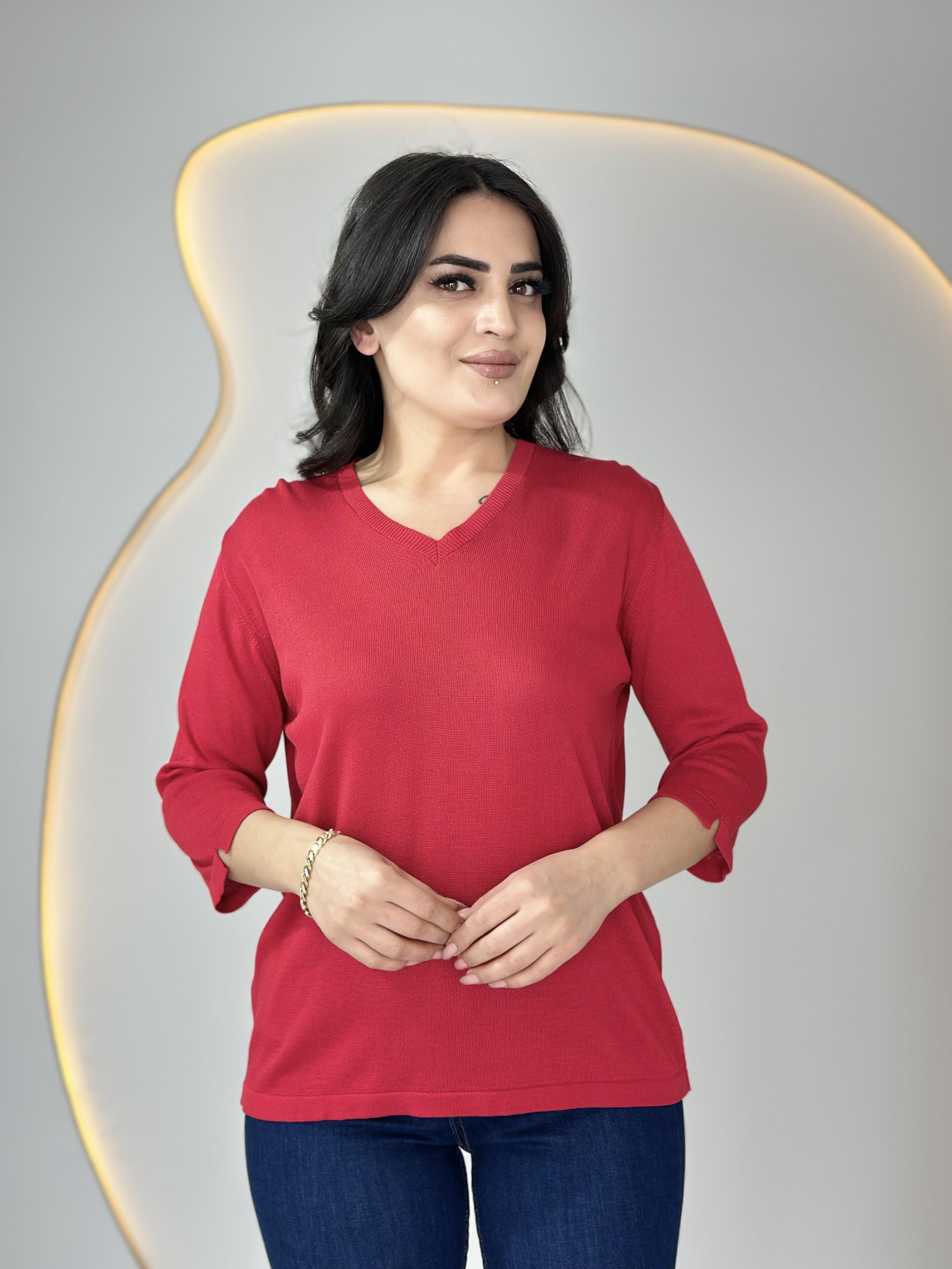 Vior Kırmızı V Yaka Sim İşlemeli Triko Bluz D025