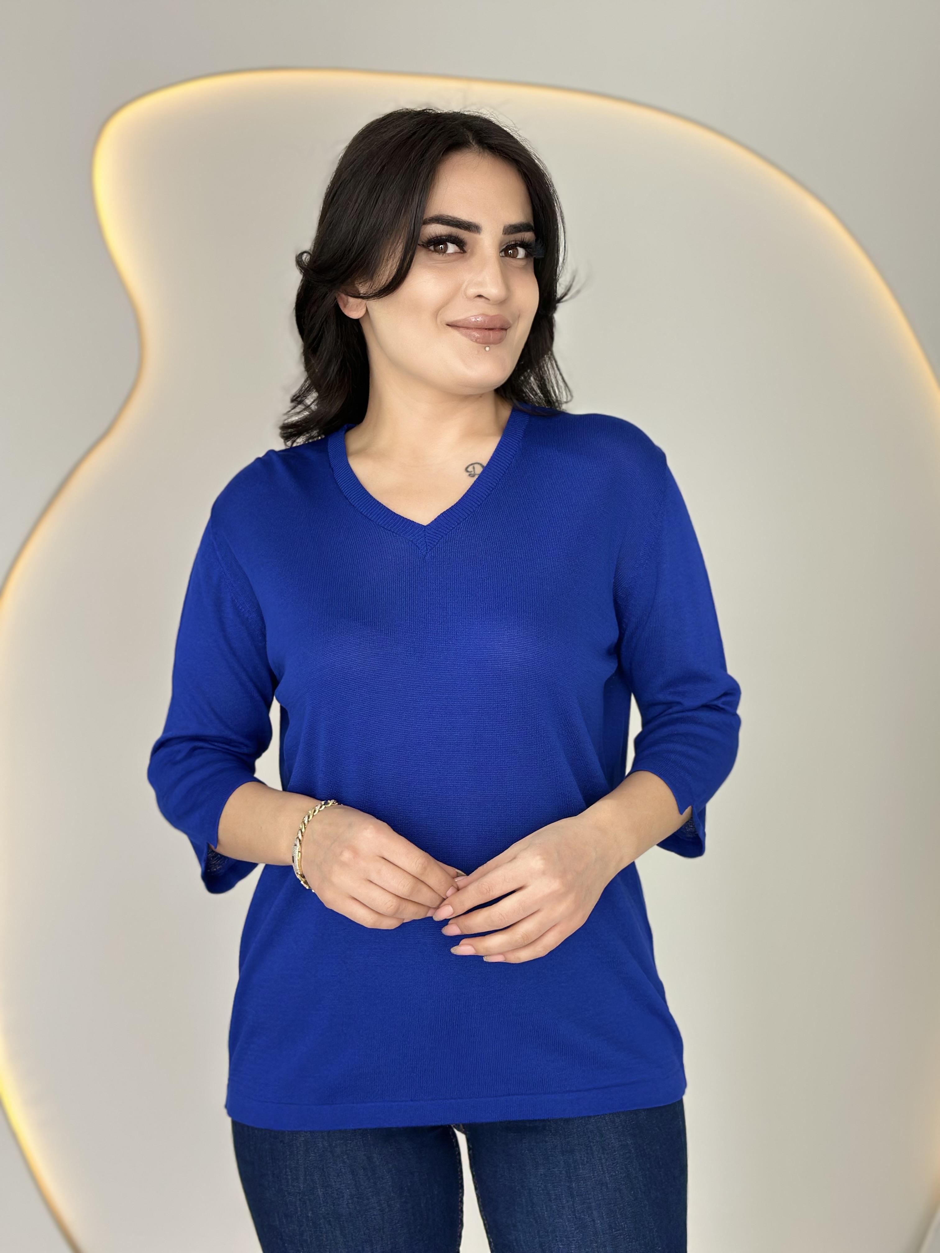 Vior Saks Mavi V Yaka Sim İşlemeli Triko Bluz D025