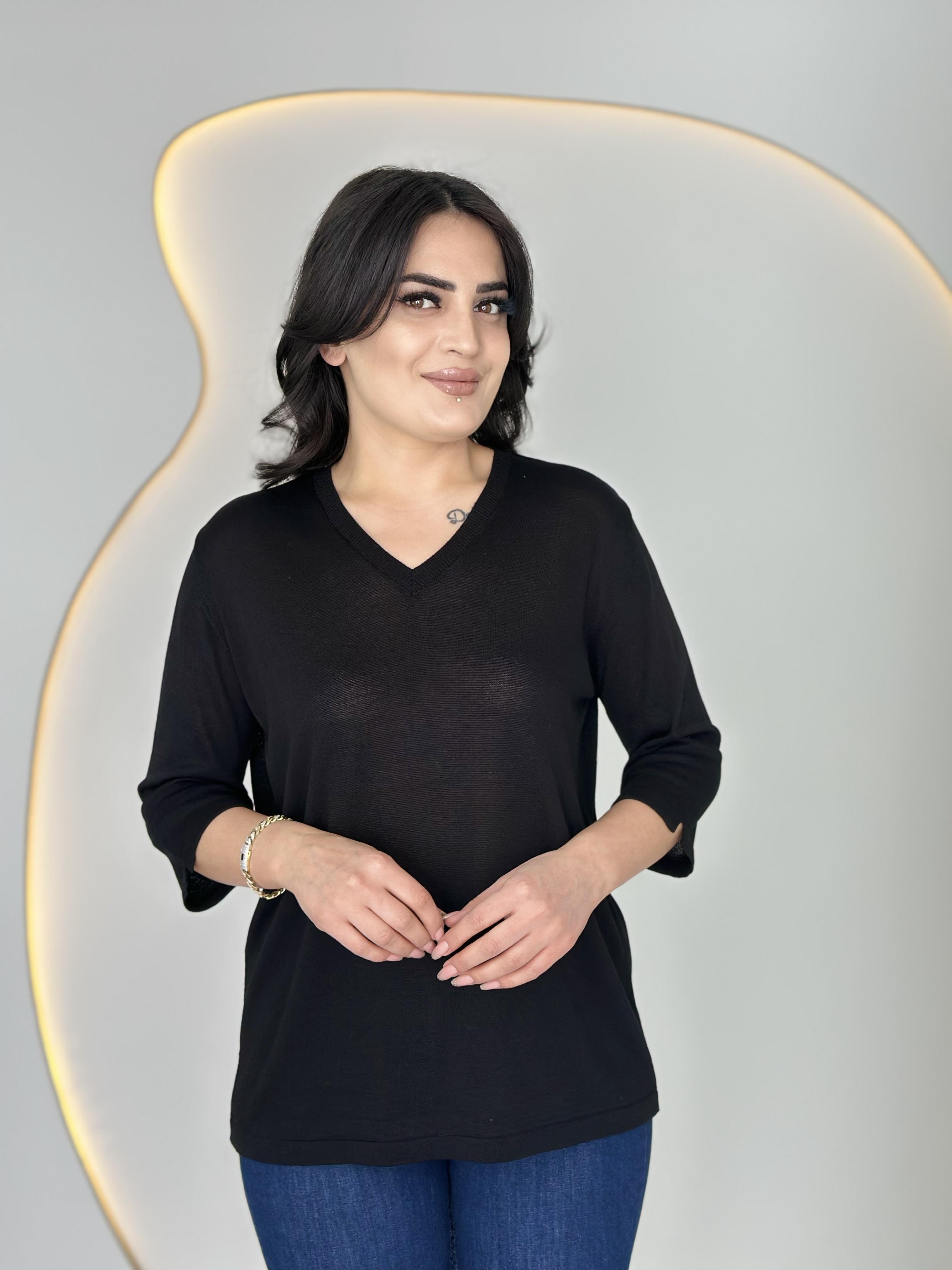 Vior Siyah V Yaka Sim İşlemeli Triko Bluz D025