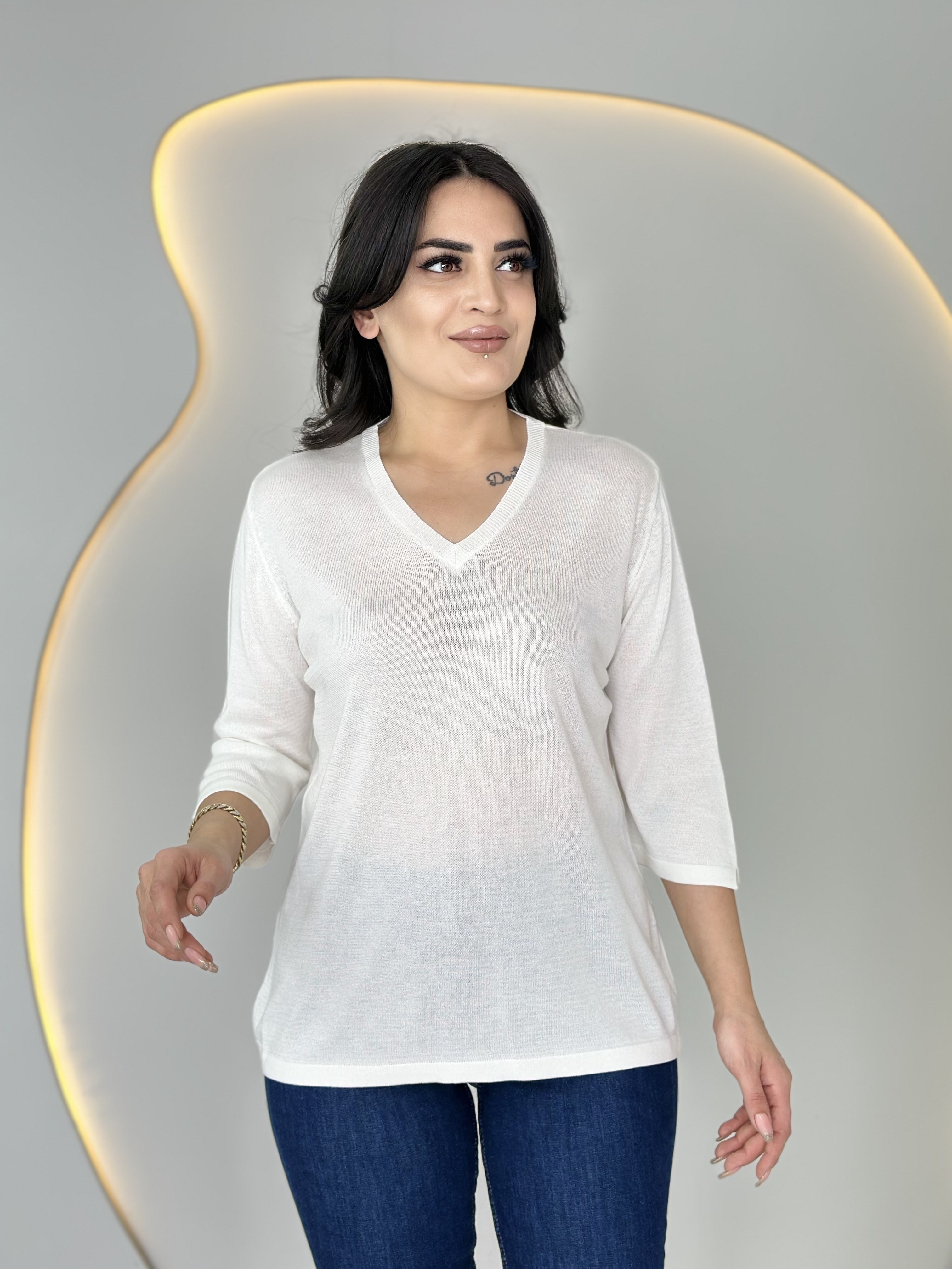 Vior V Yaka Merserize Bluz Beyaz