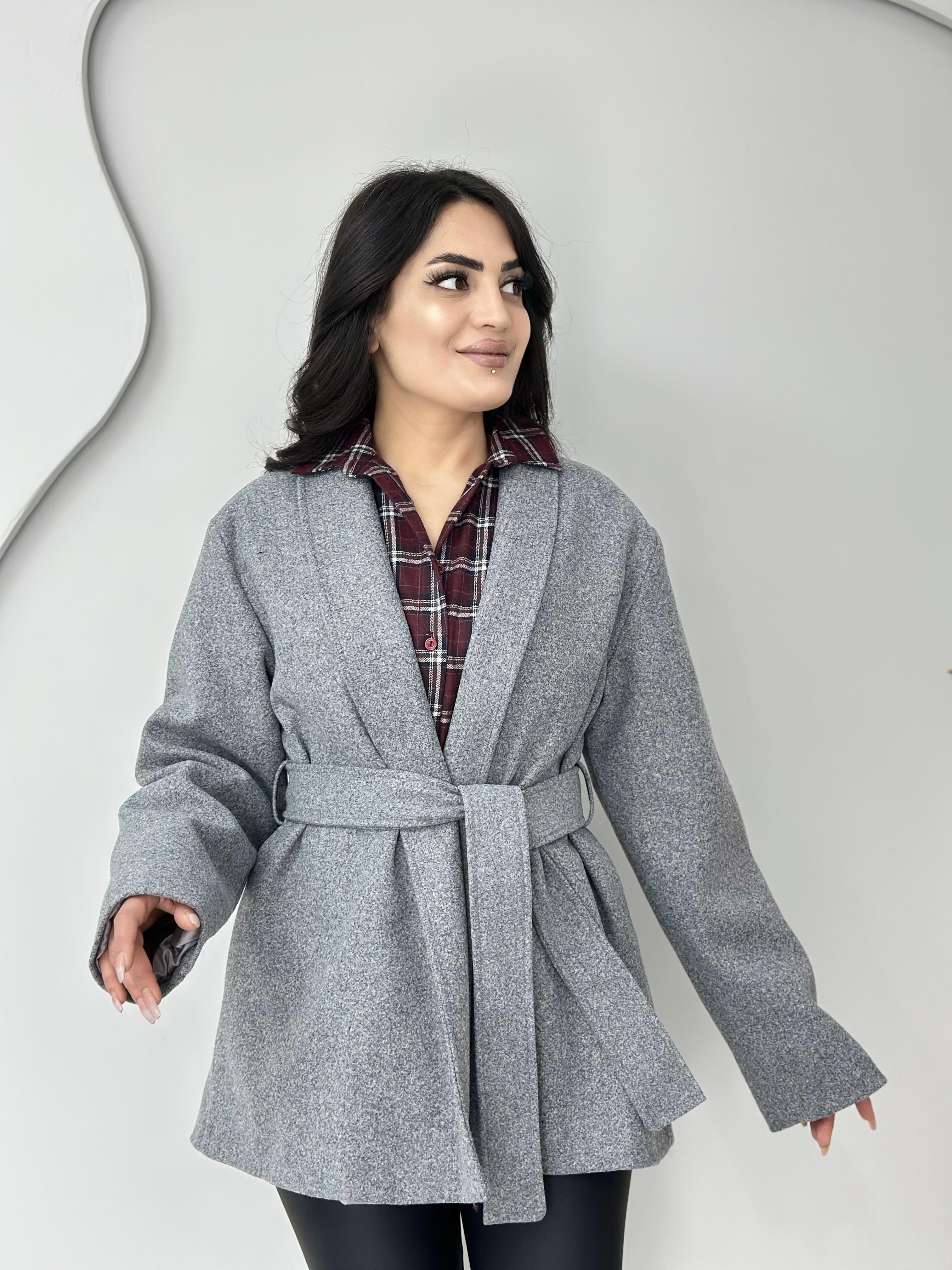 Viro Gri Şal Yaka Kuşaklı Astarlı Kaşe Kaban C4444