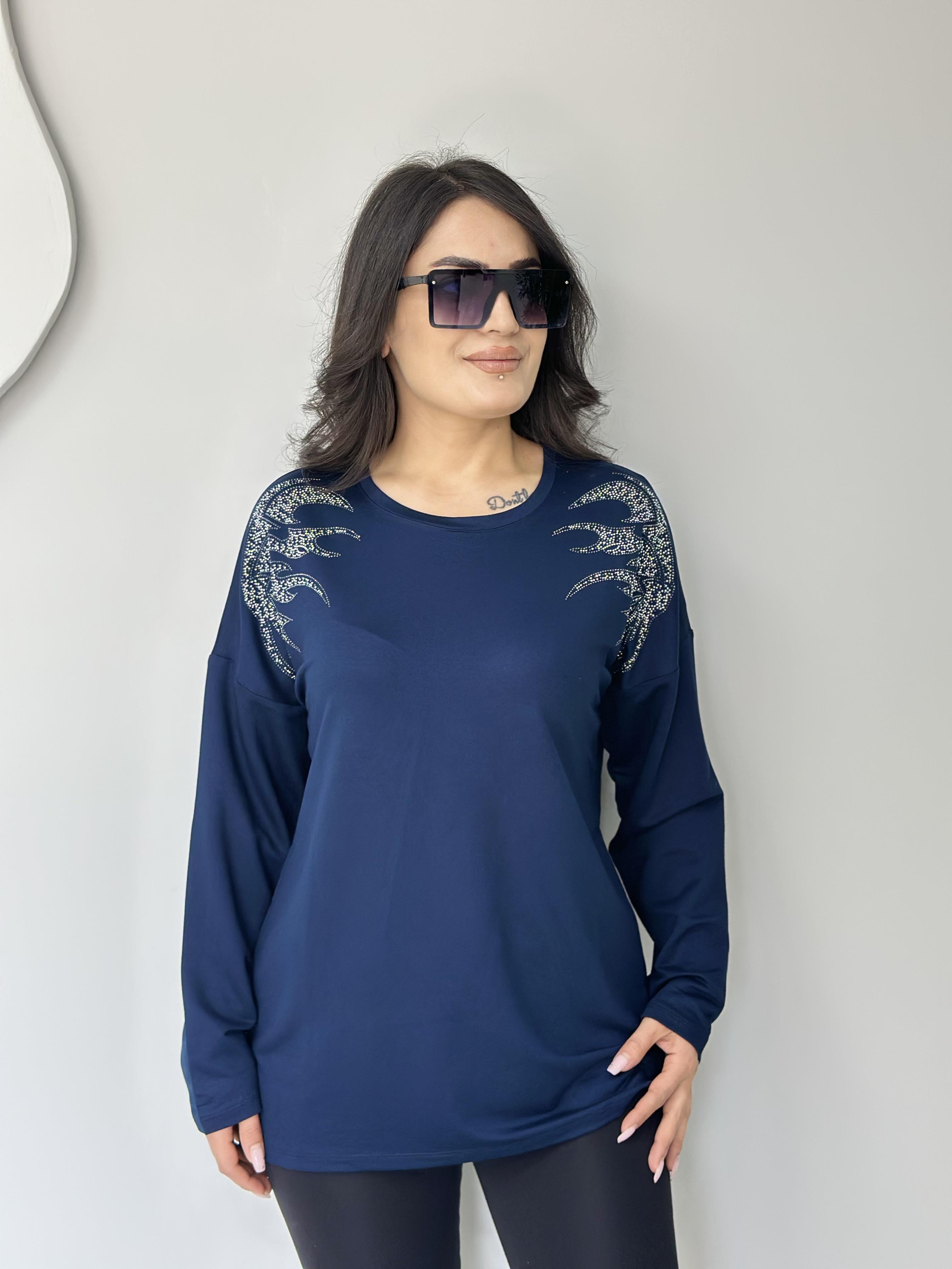 Vito Lacivert Bisiklet Yaka Omuz Taş İşleme Viskon Bluz A308