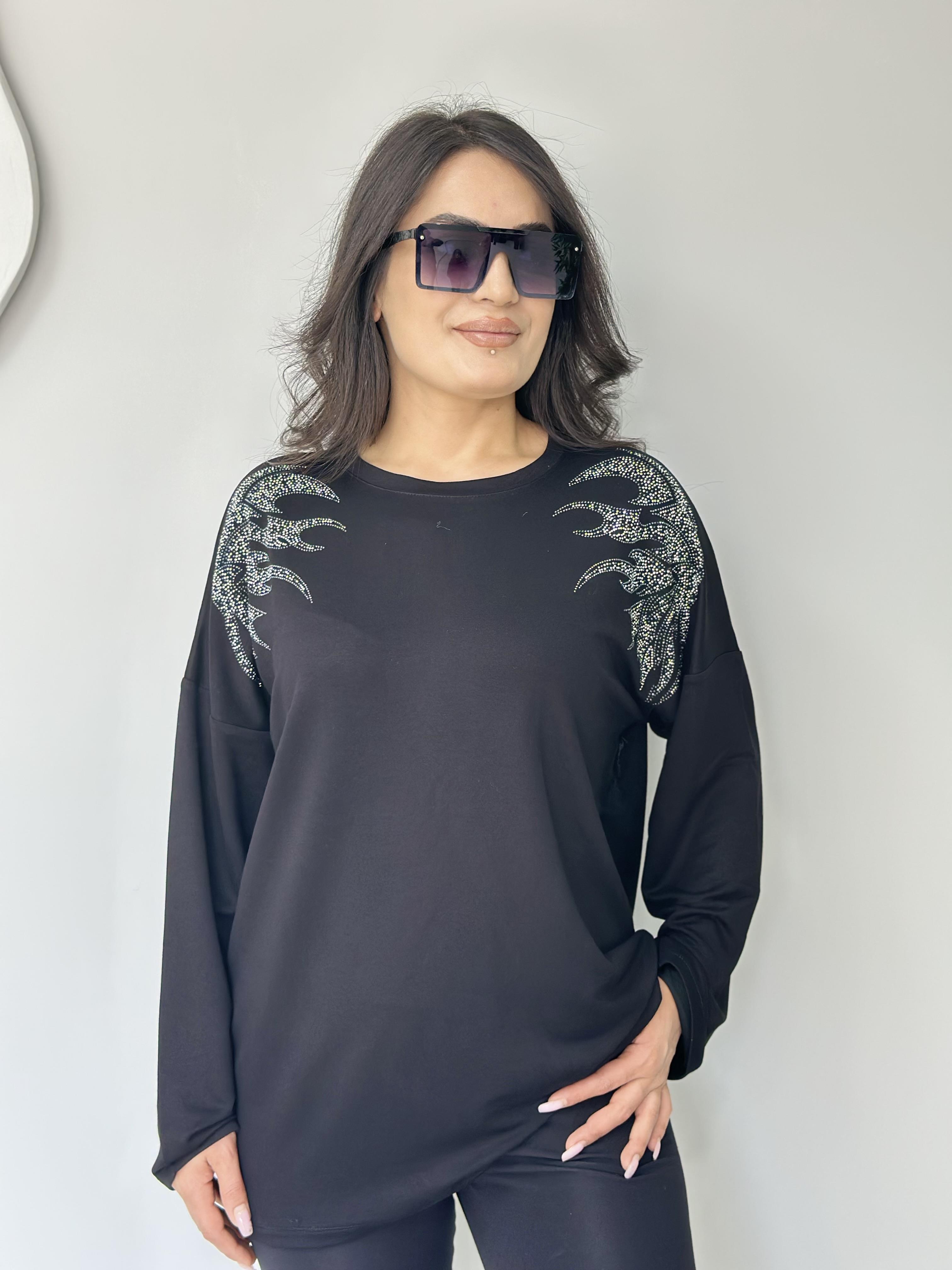 Vito Siyah Bisiklet Yaka Omuz Taş İşleme Viskon Bluz A309