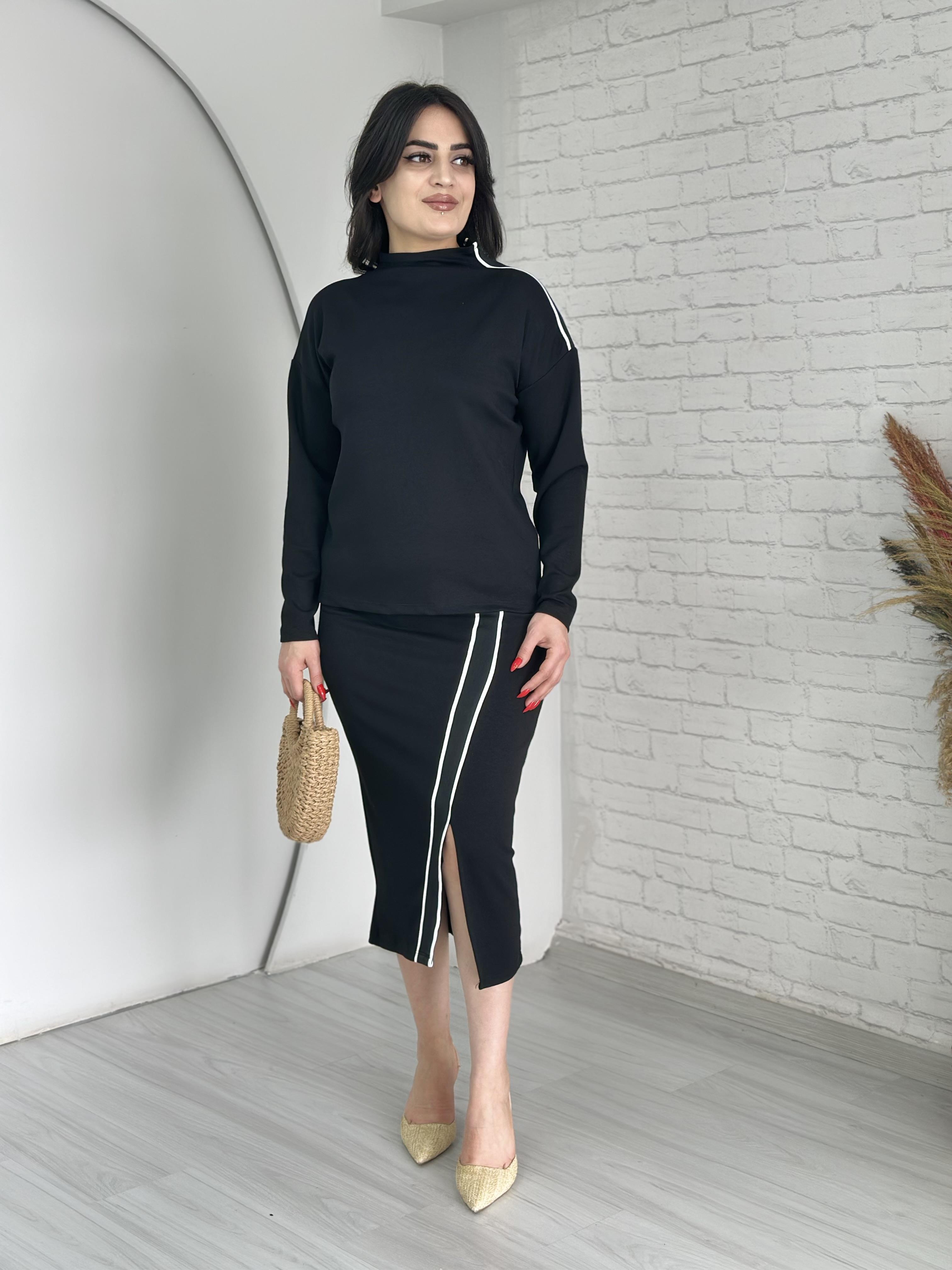 Viva Siyah Dik Yaka Şerit Detaylı Bluz Etek İkili Modal Takım Z332