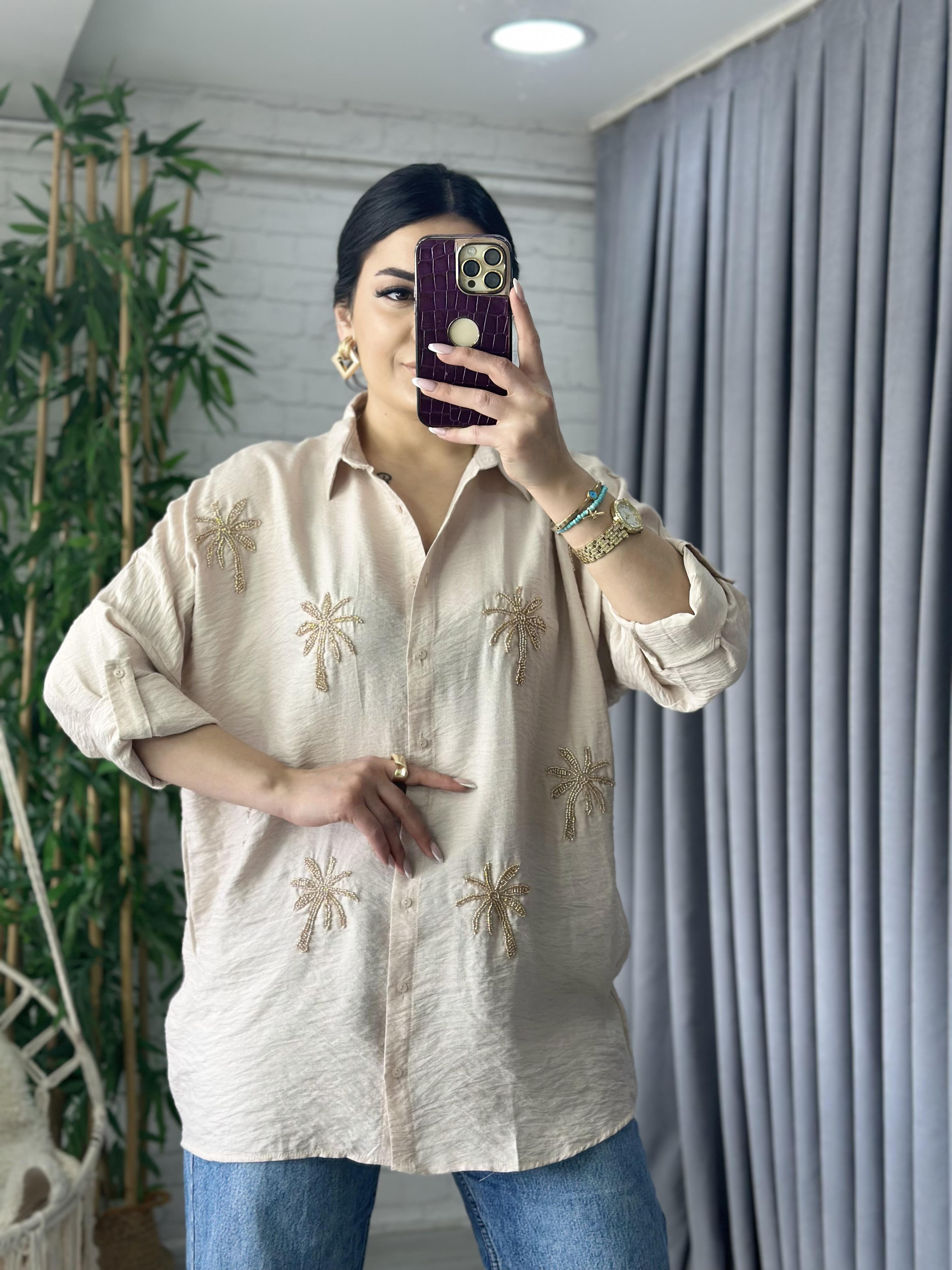 Vizon Palmiye Boncuk İşlemeli Oversize Gömlek