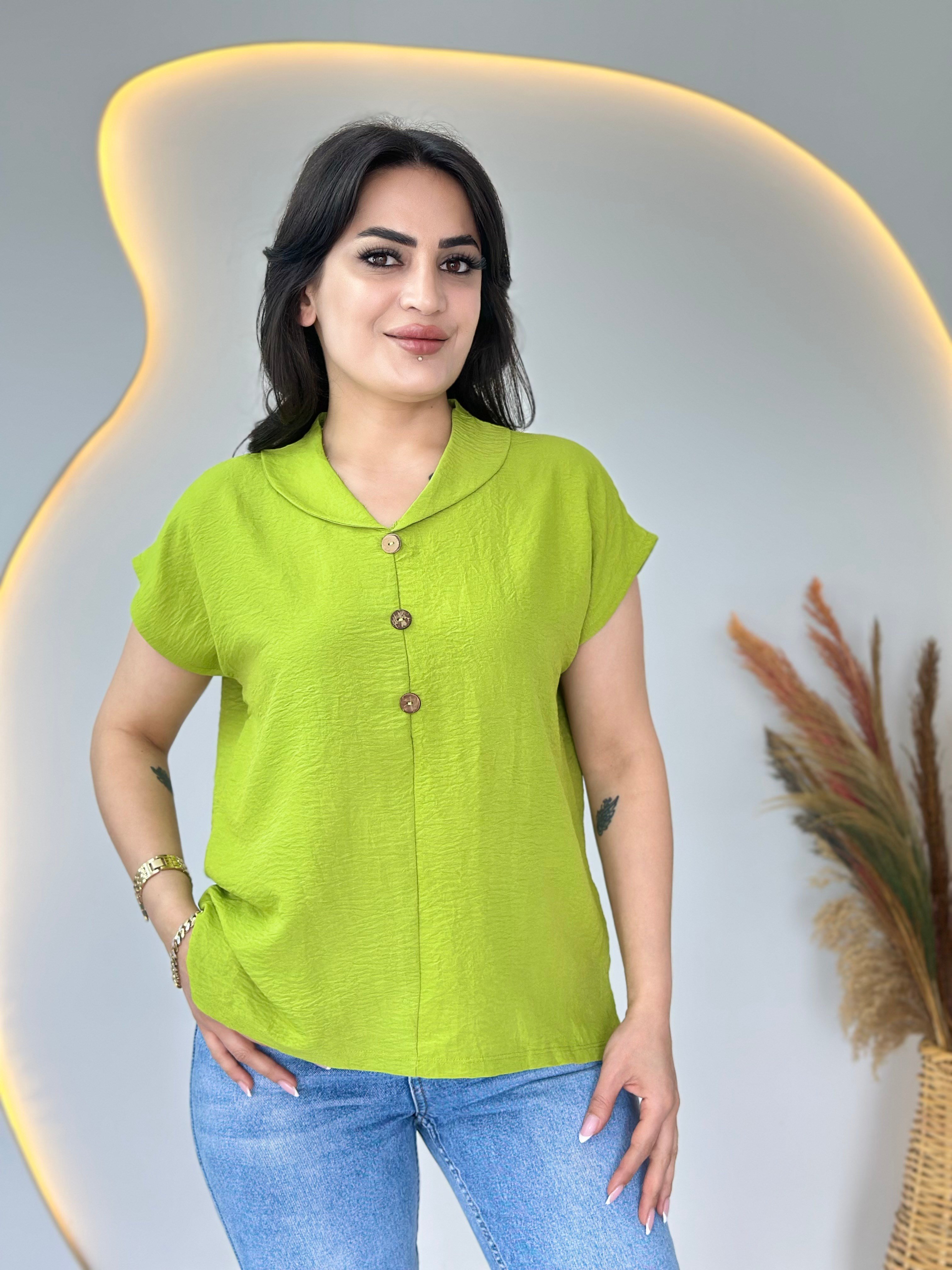 Vosse Neon Yeşili  Şal Yaka Düğme Detaylı Aerobin Kısa Kol Bluz D113