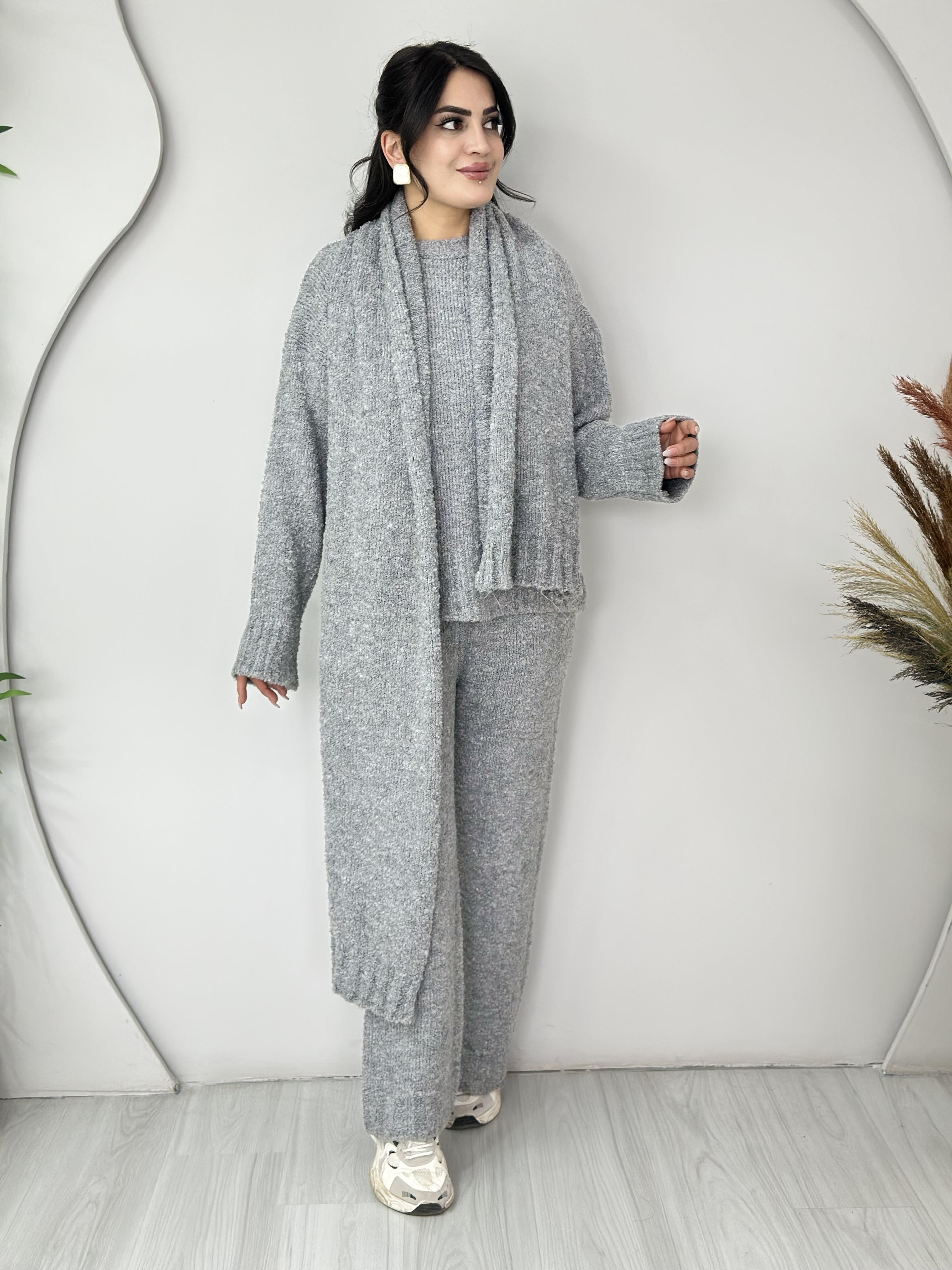 Wale Gri Polyane Atkılı Yumuşak Triko 3'LÜ Takım C1221