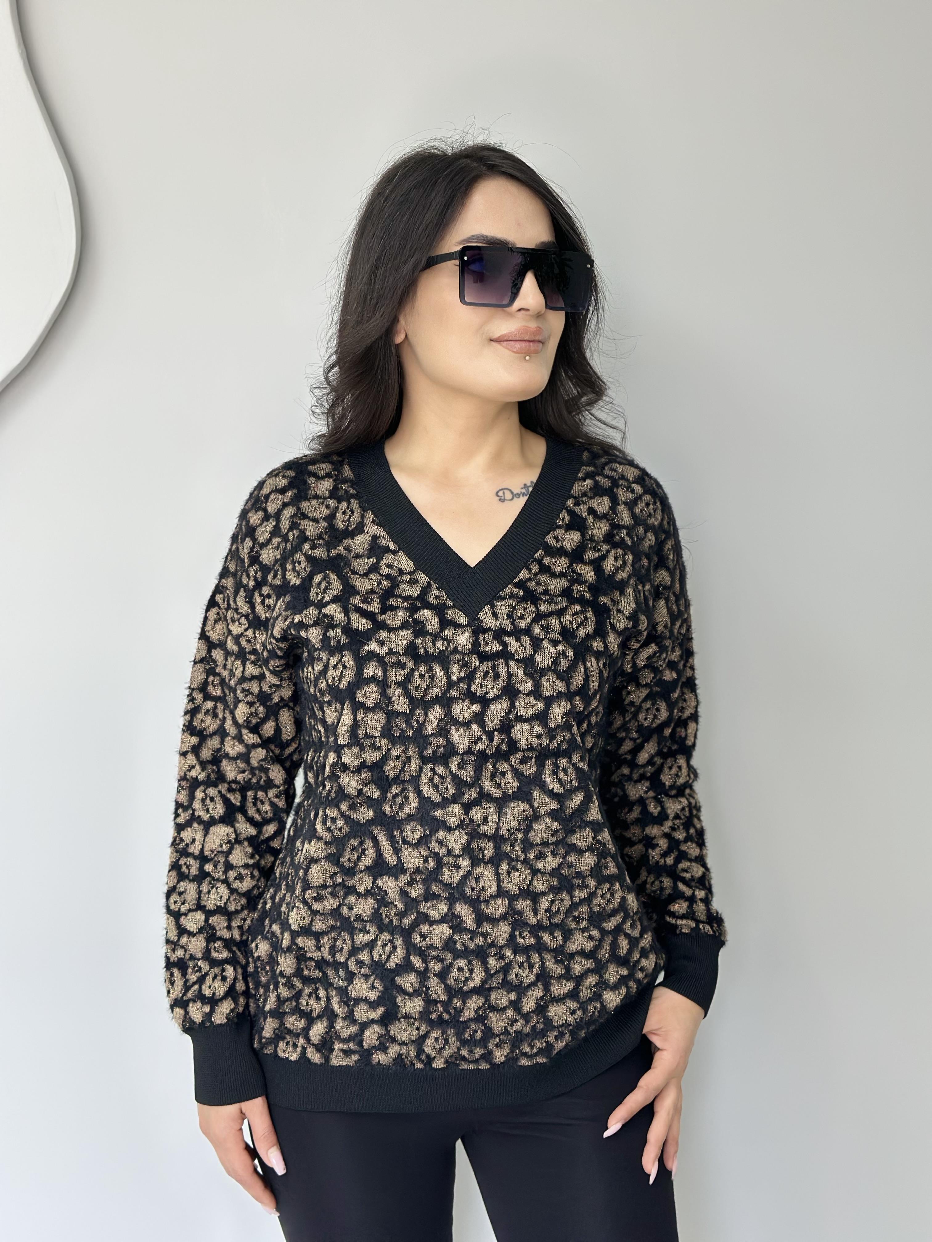 Wild Siyah Leopar V Yaka Yumuşak Dokulu Triko Kazak A300