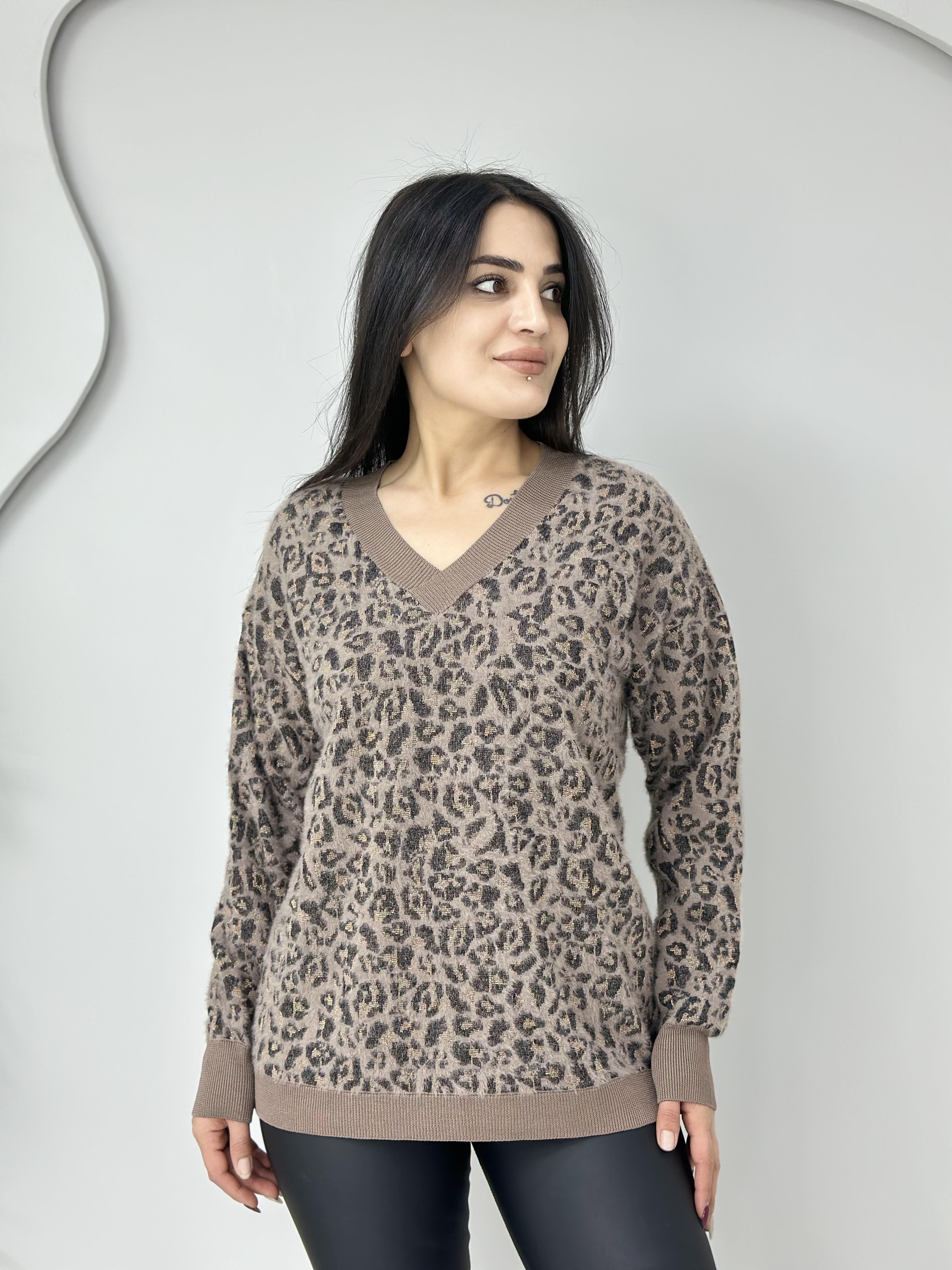 Wild Vizon Gri Leopar V Yaka Yumuşak Dokulu Triko Kazak A352