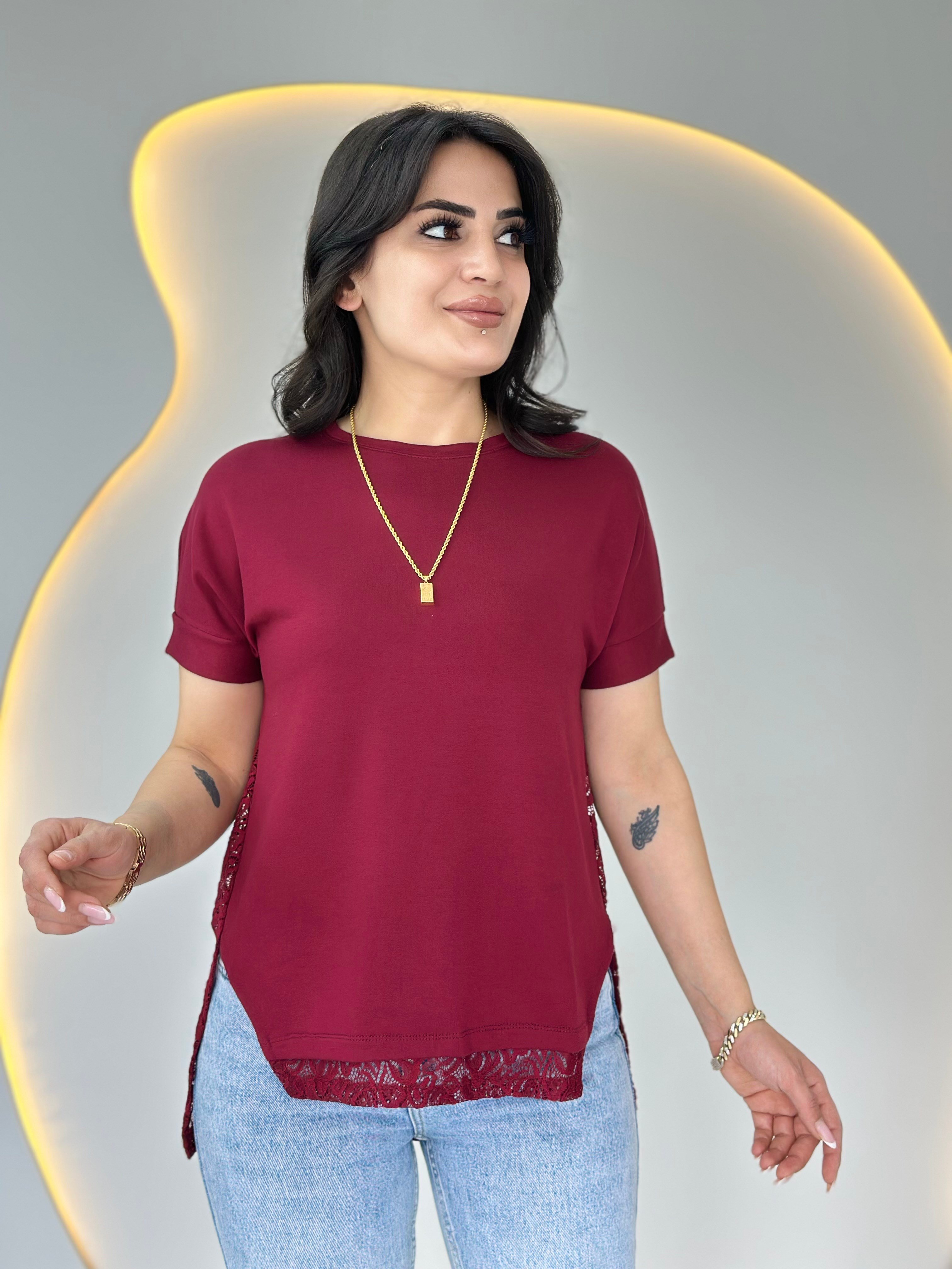 Wor Bordo Bisiklet Yaka Dantel Detaylı Tasarım Tshirt Bluz D129