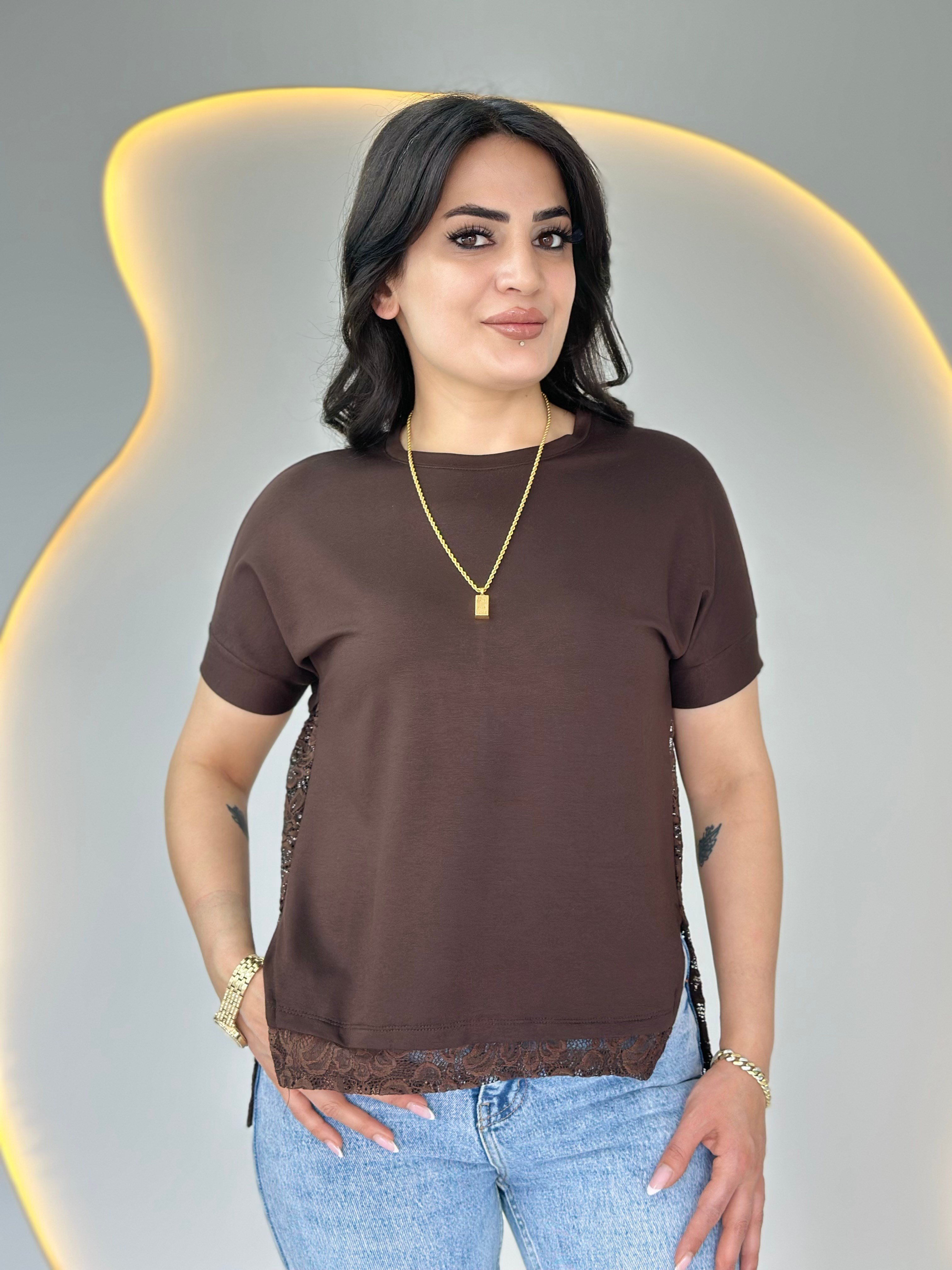 Wor Kahve Bisiklet Yaka Dantel Detaylı Tasarım Tshirt Bluz D129