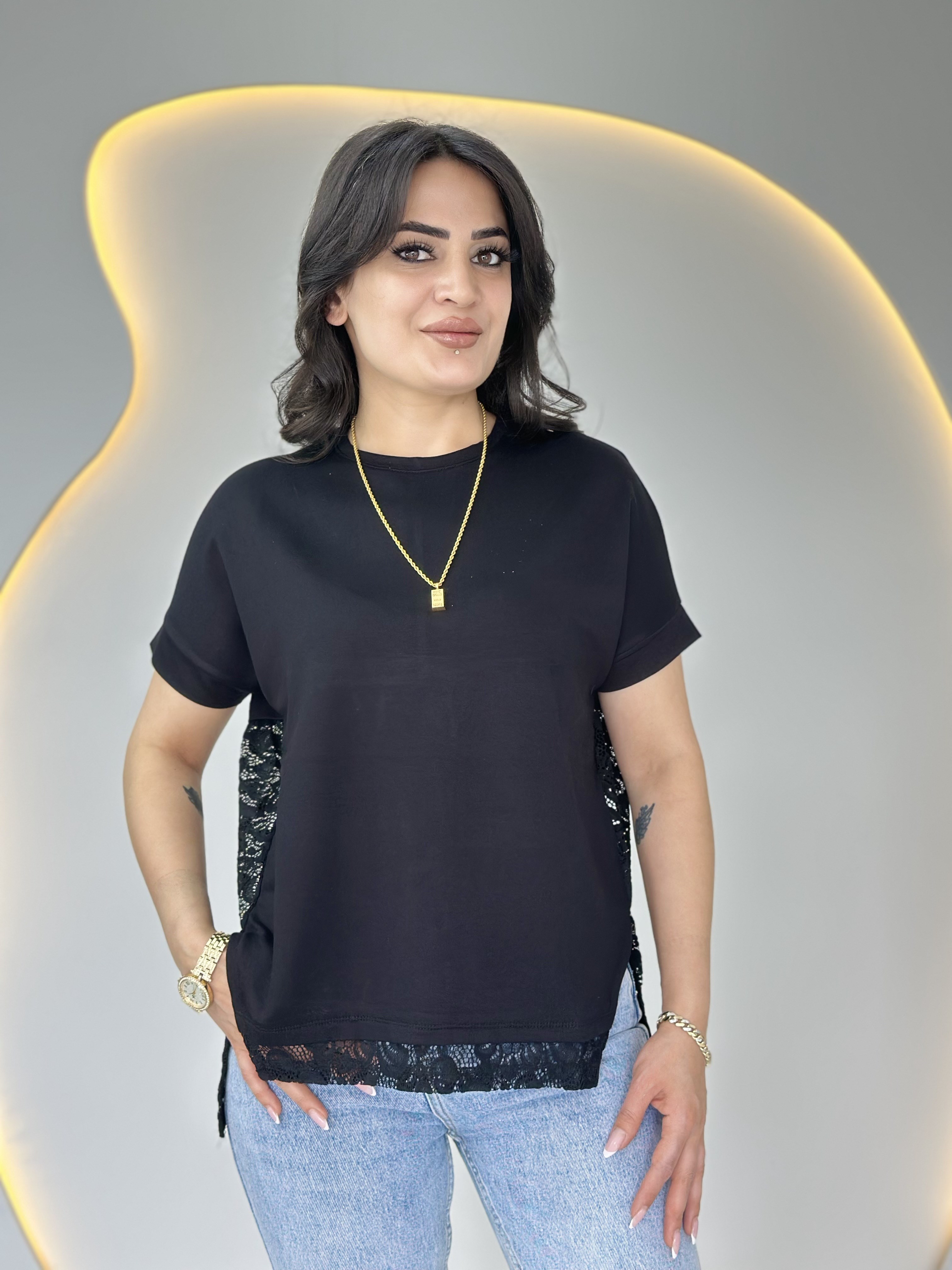 Wor Siyah Bisiklet Yaka Dantel Detaylı Tasarım Tshirt Bluz D129