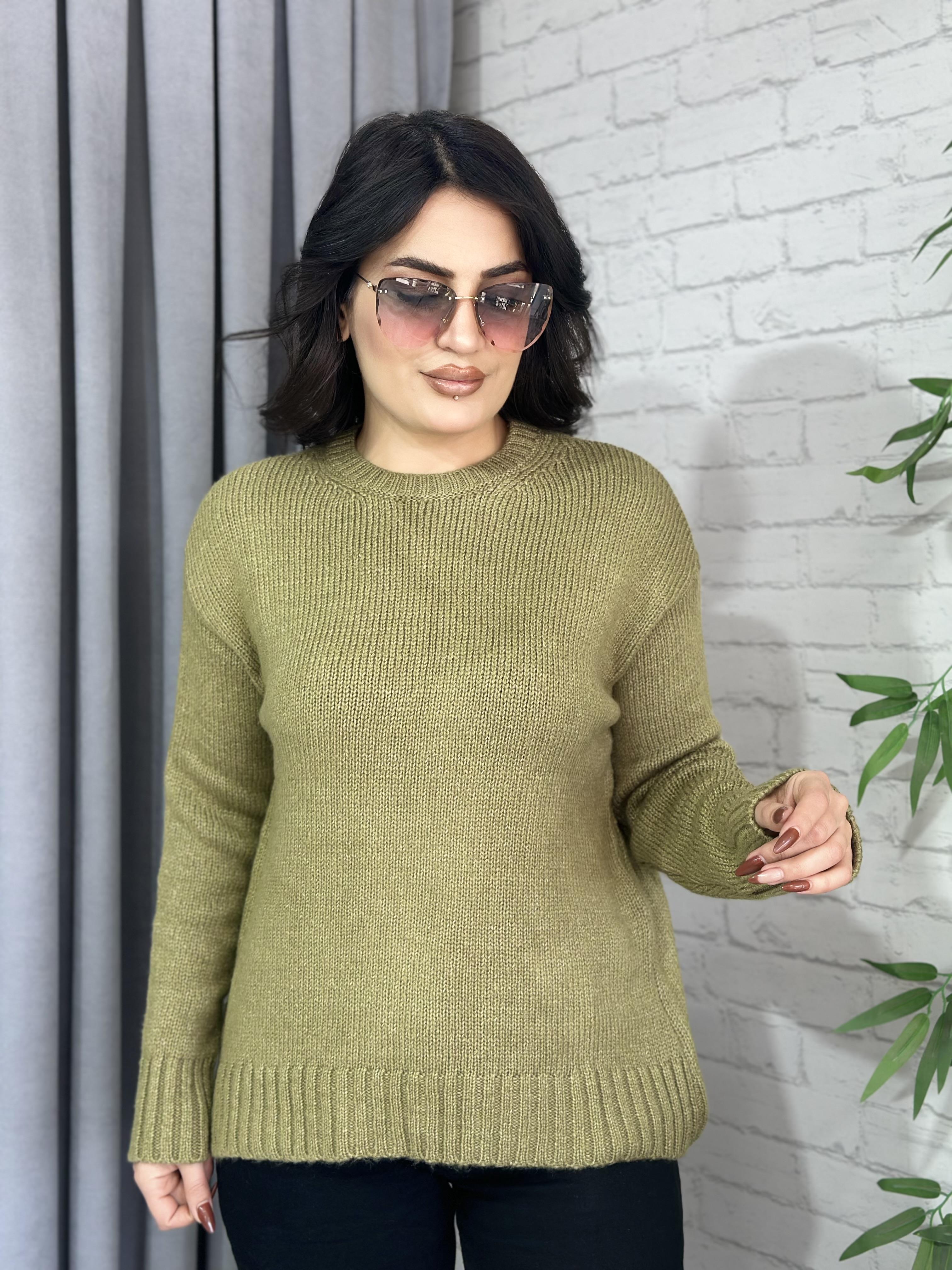 Yağ Yeşili Orijinal Bisiklet Yaka Oversize Yün Kazak  A963