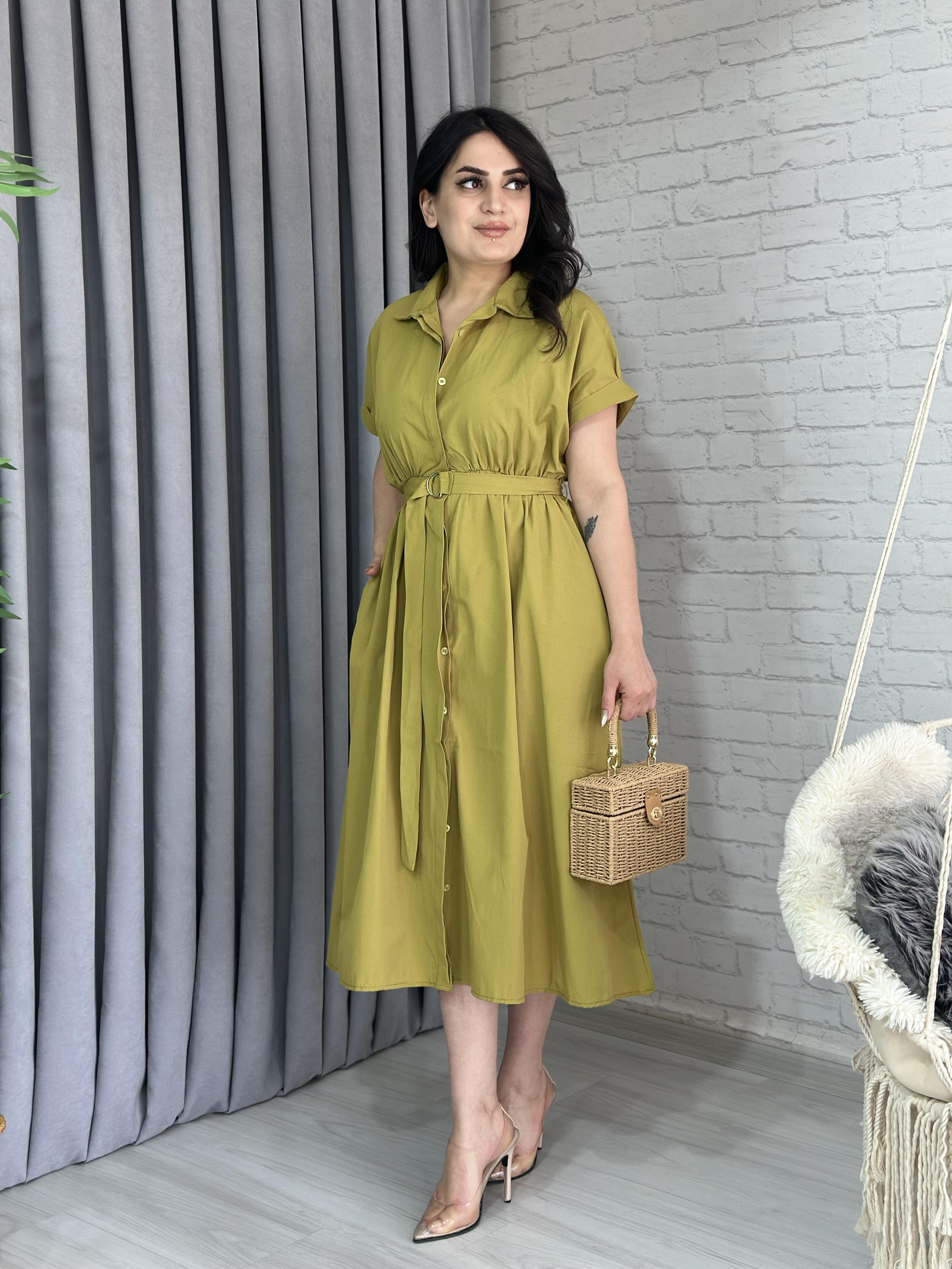 Yağ Yeşili Poplin Kumaş Beli Lastikli Kemerli Midi Boy Elbise A088