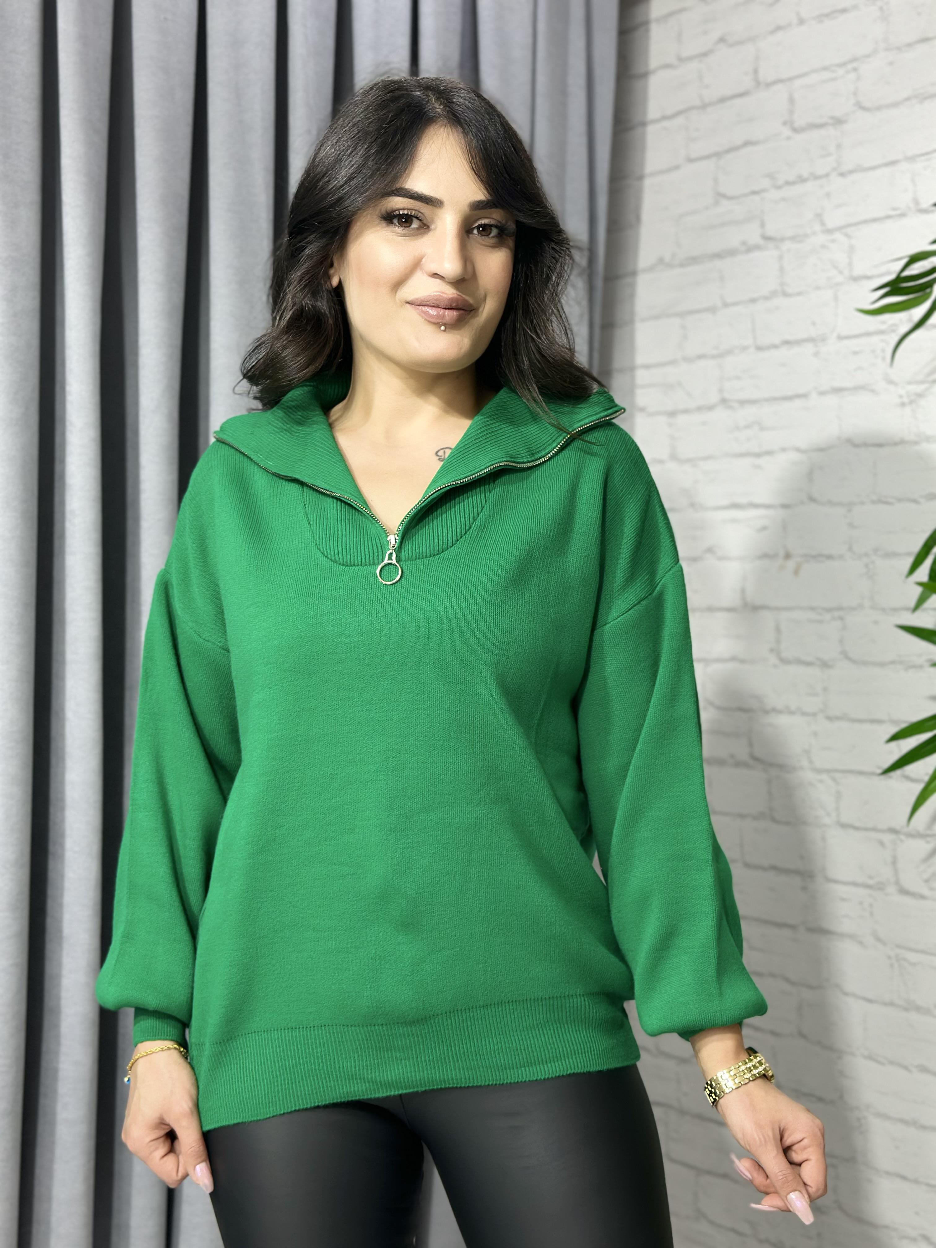 Yeşil Fermuarlı Triko Kazak