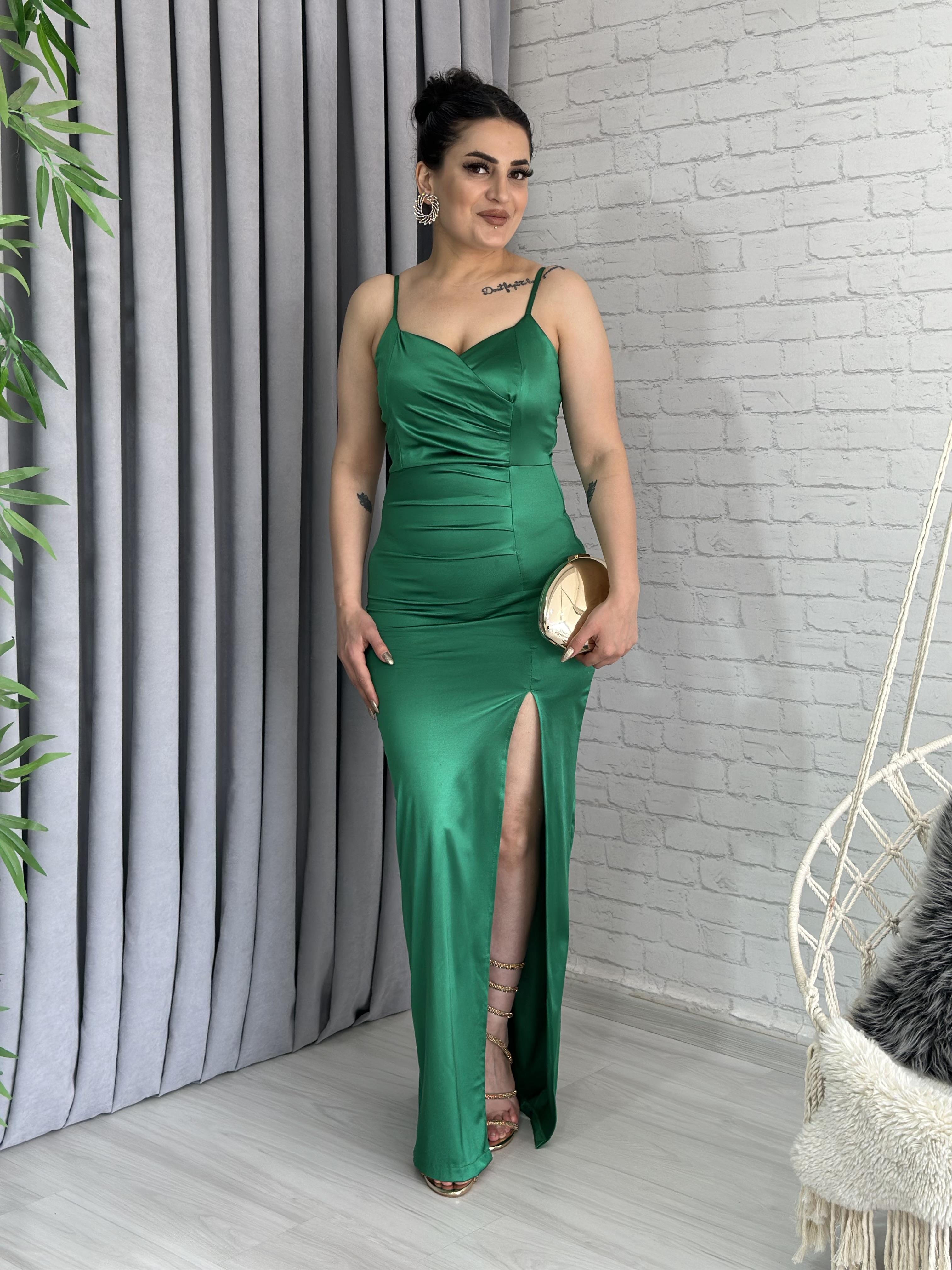 Yeşil İp Askı Drapeli Yırtmaçlı Saten Elbise A034