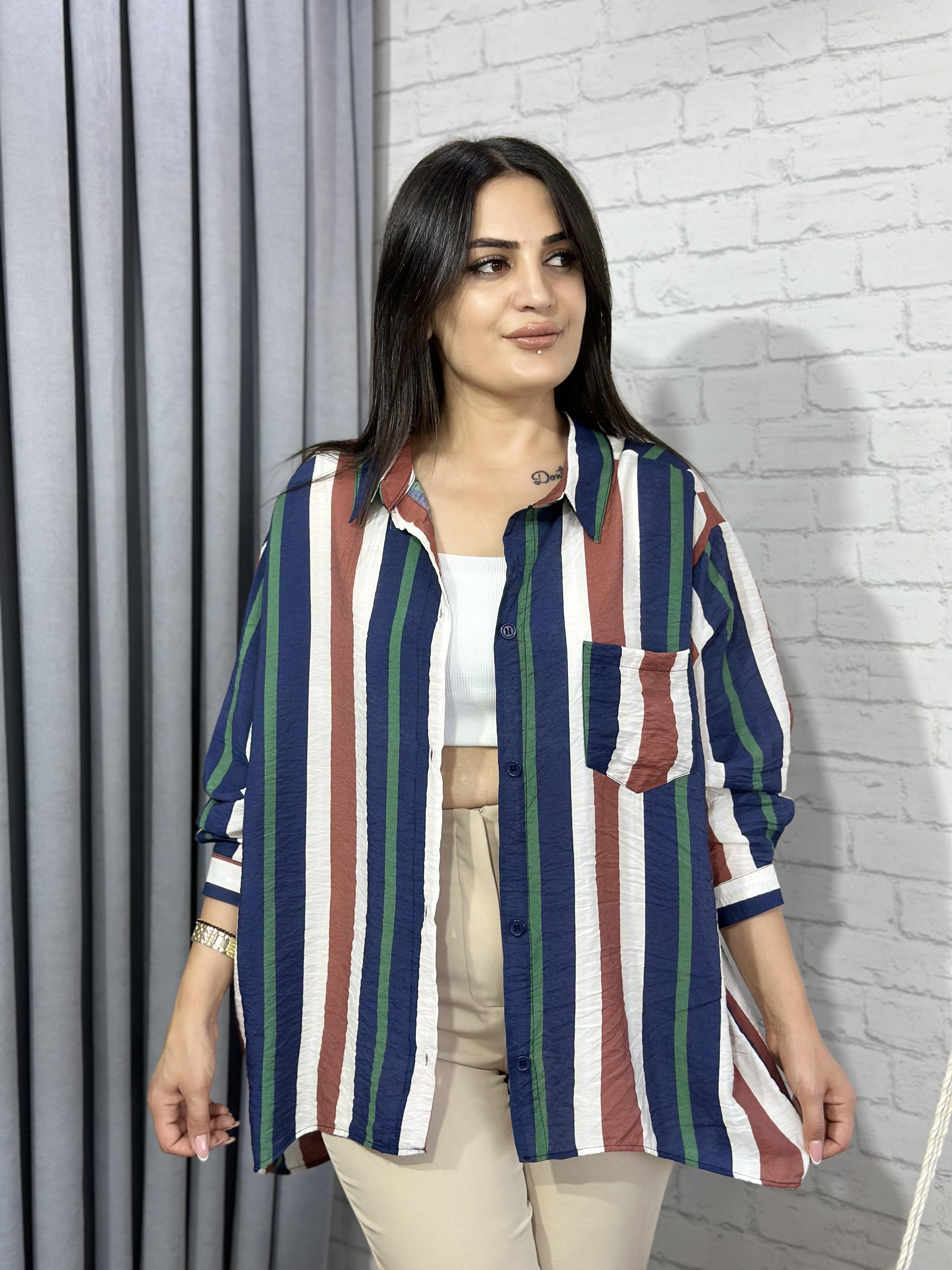 Yeşil Lacivert  Cepli Bambu Pamuk Kumaş Oversize Gömlek