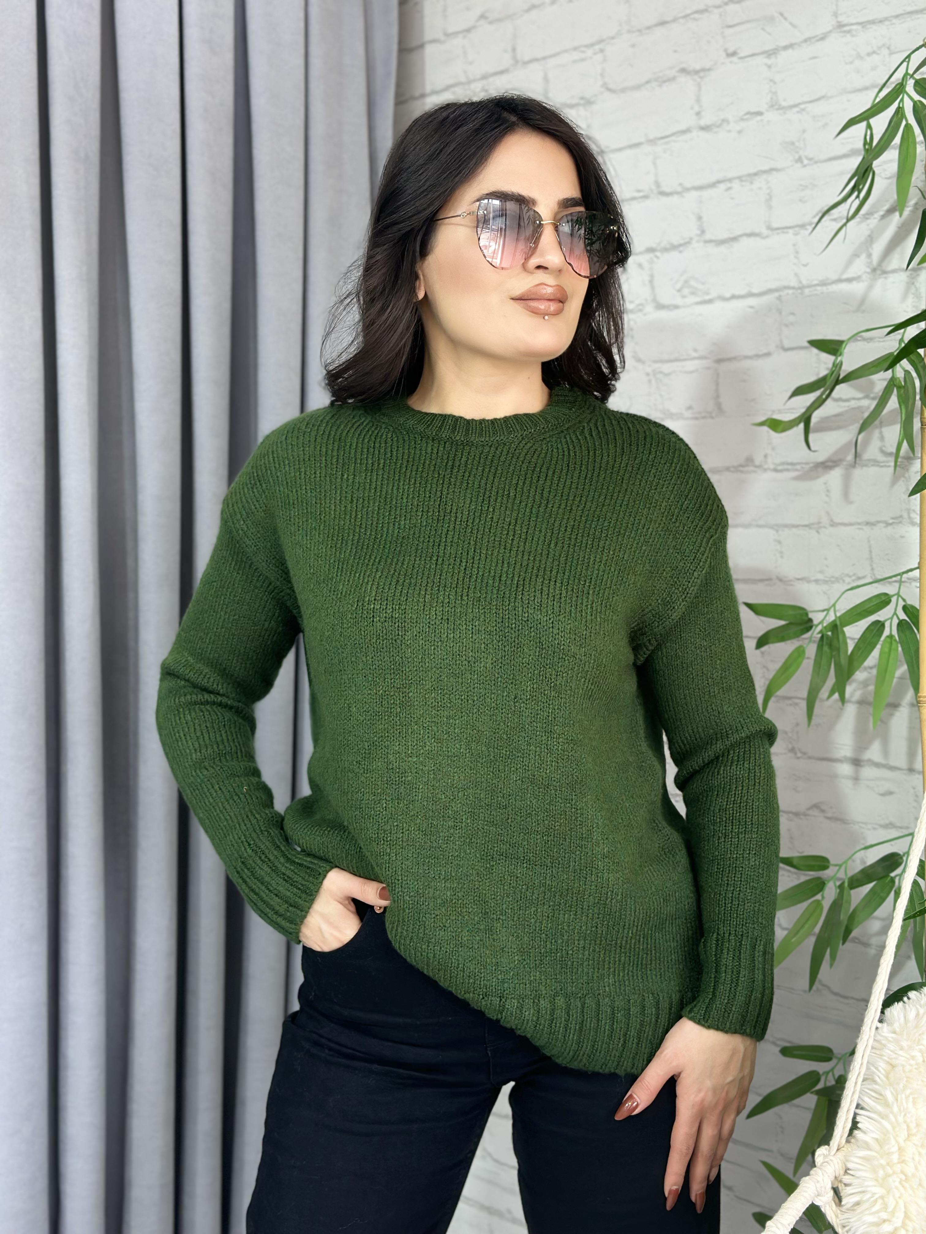 Yeşil Orijinal Bisiklet Yaka Oversize Yün Kazak A541