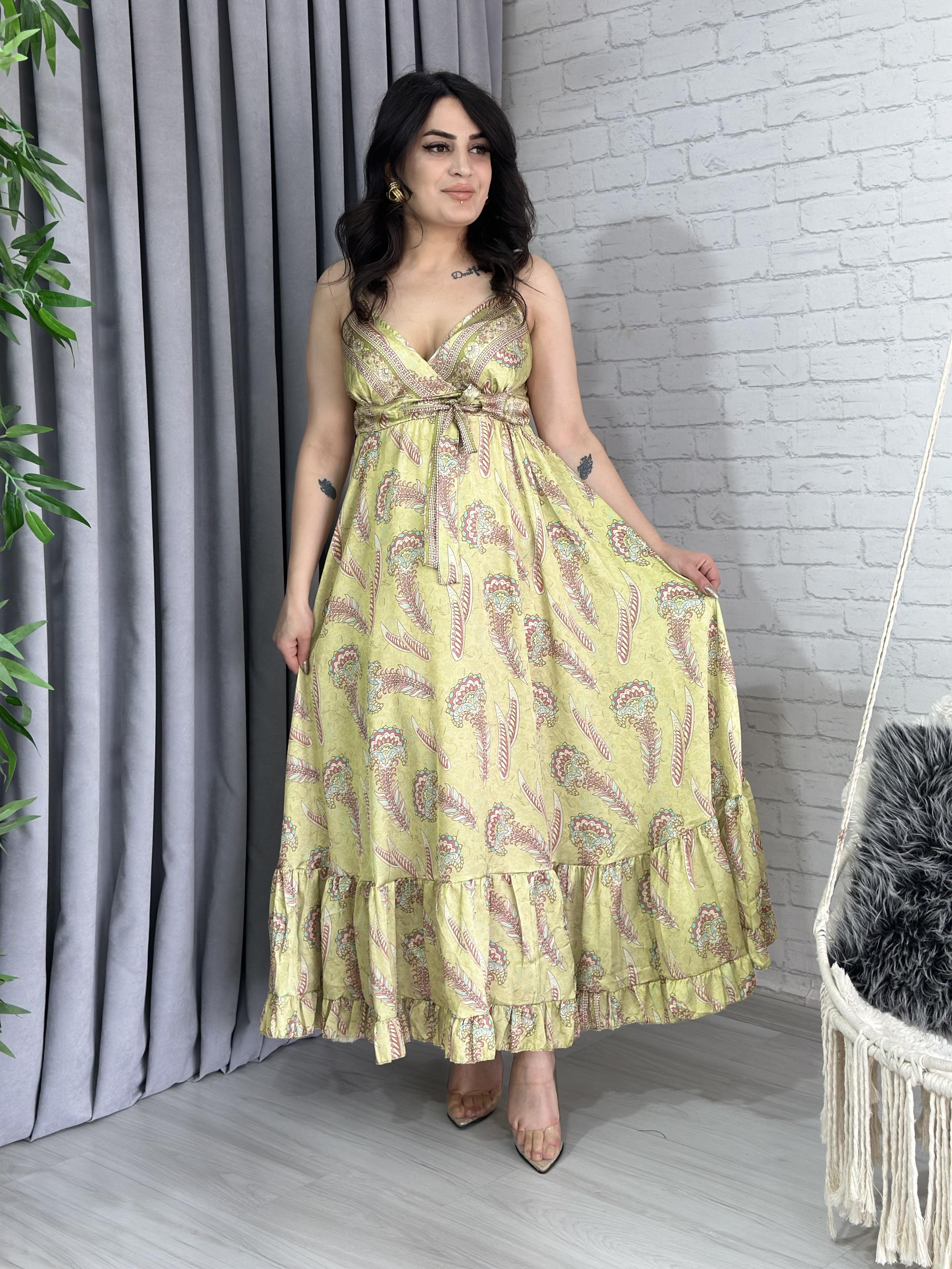 Yeşil Premium Saten Uzun Desenli Ayarlanabilir Askı Elbise A024