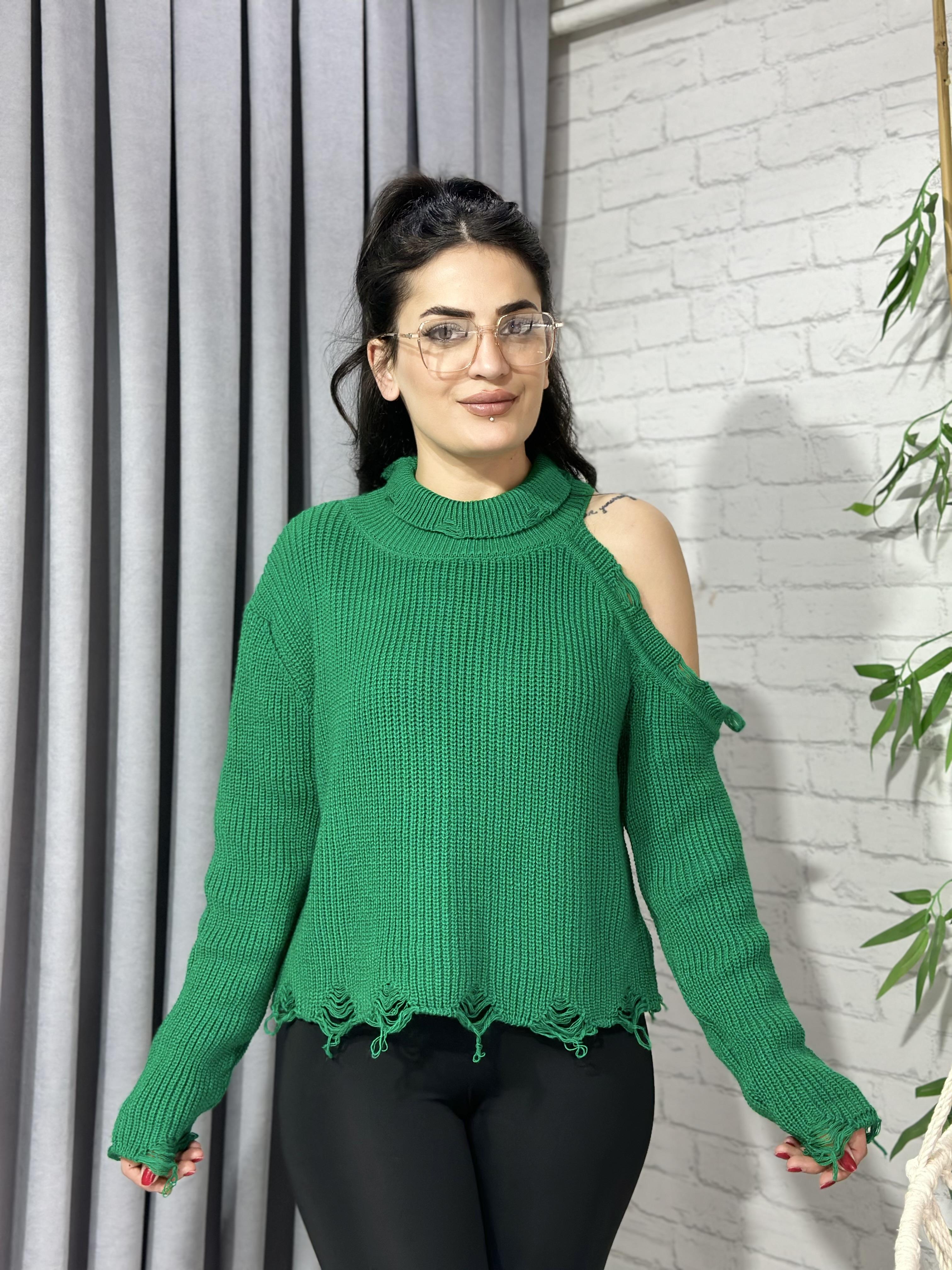 Yeşil Tek Omuz Dekolteli Triko Kazak