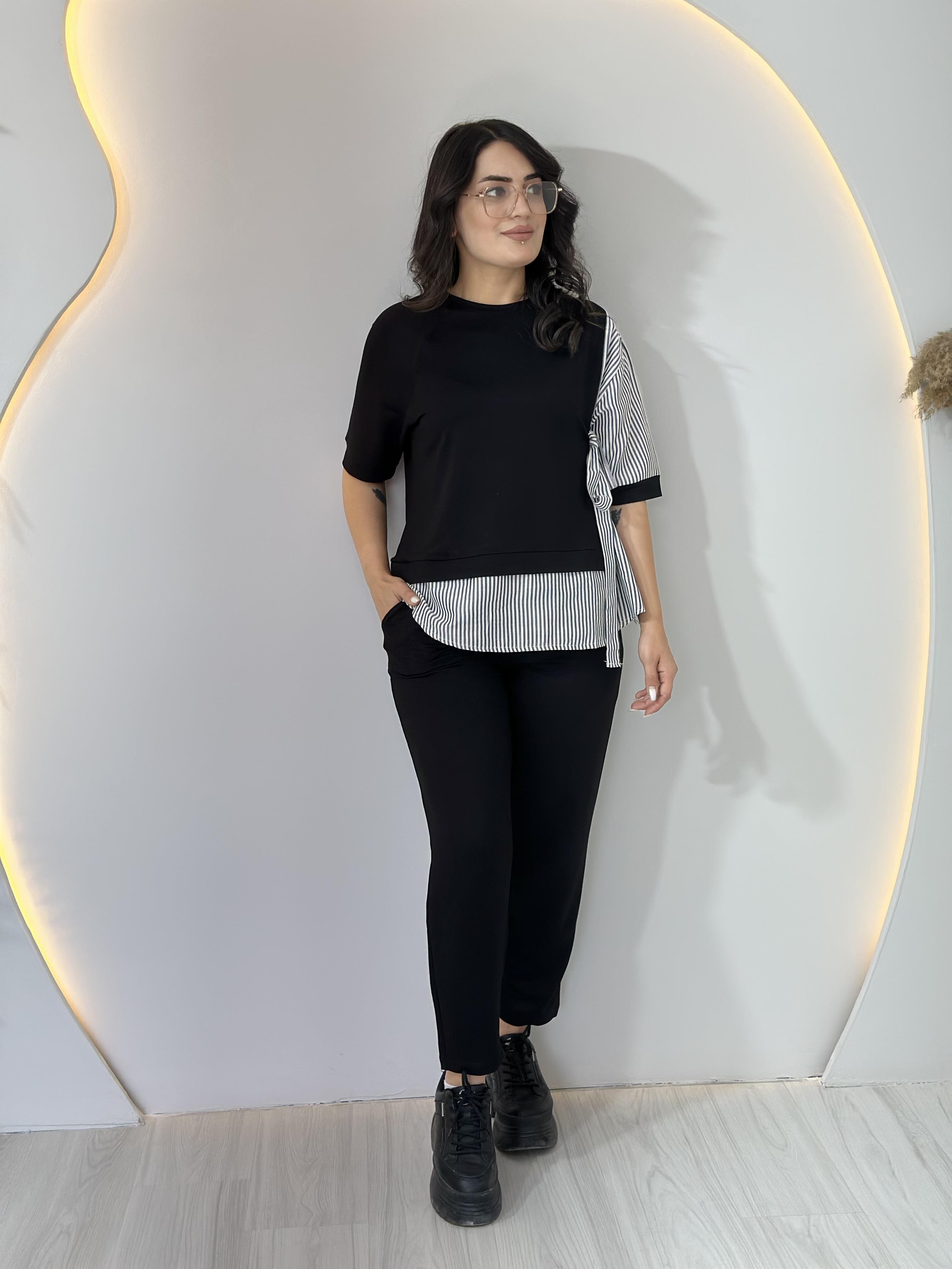 Zen Siyah Çizgili Yandan Bağlamalı Modal İkili Takım A005