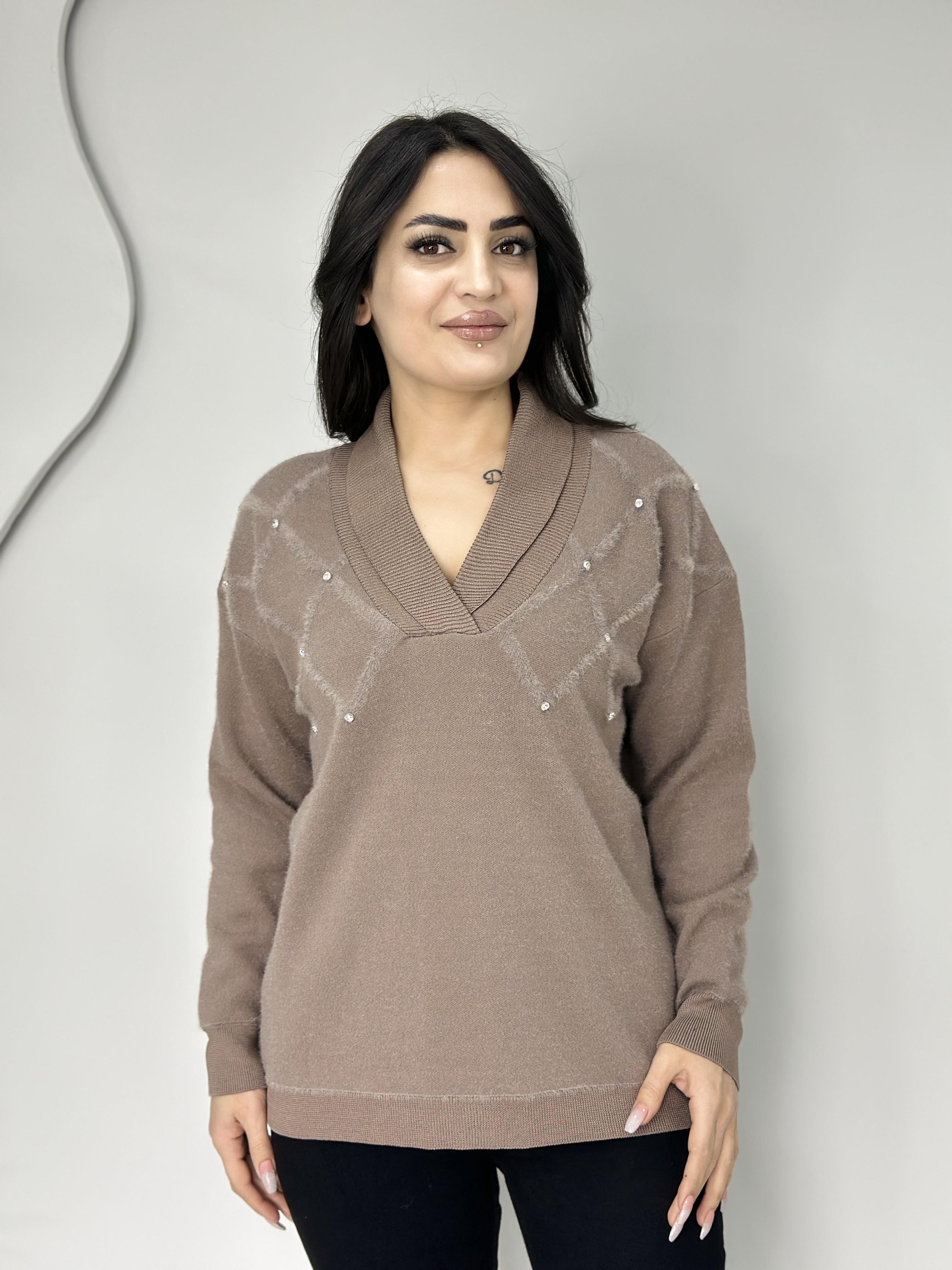 Zera Vizon V Yaka Taş Detaylı Sakallı Triko Kazak A5858