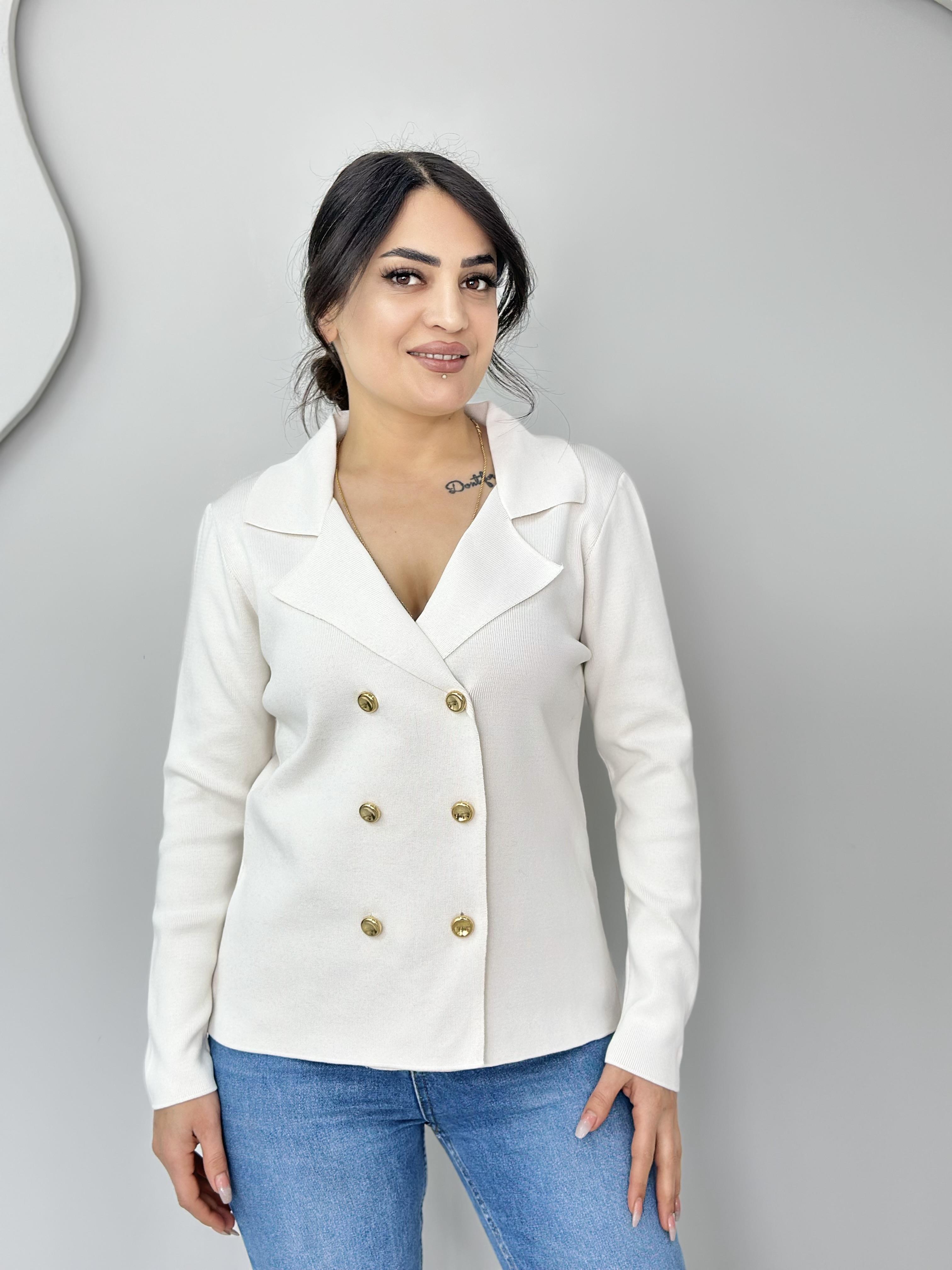 Zila Beyaz Ceket Yaka Gold Düğmeli Çelik Triko Hırka C1025
