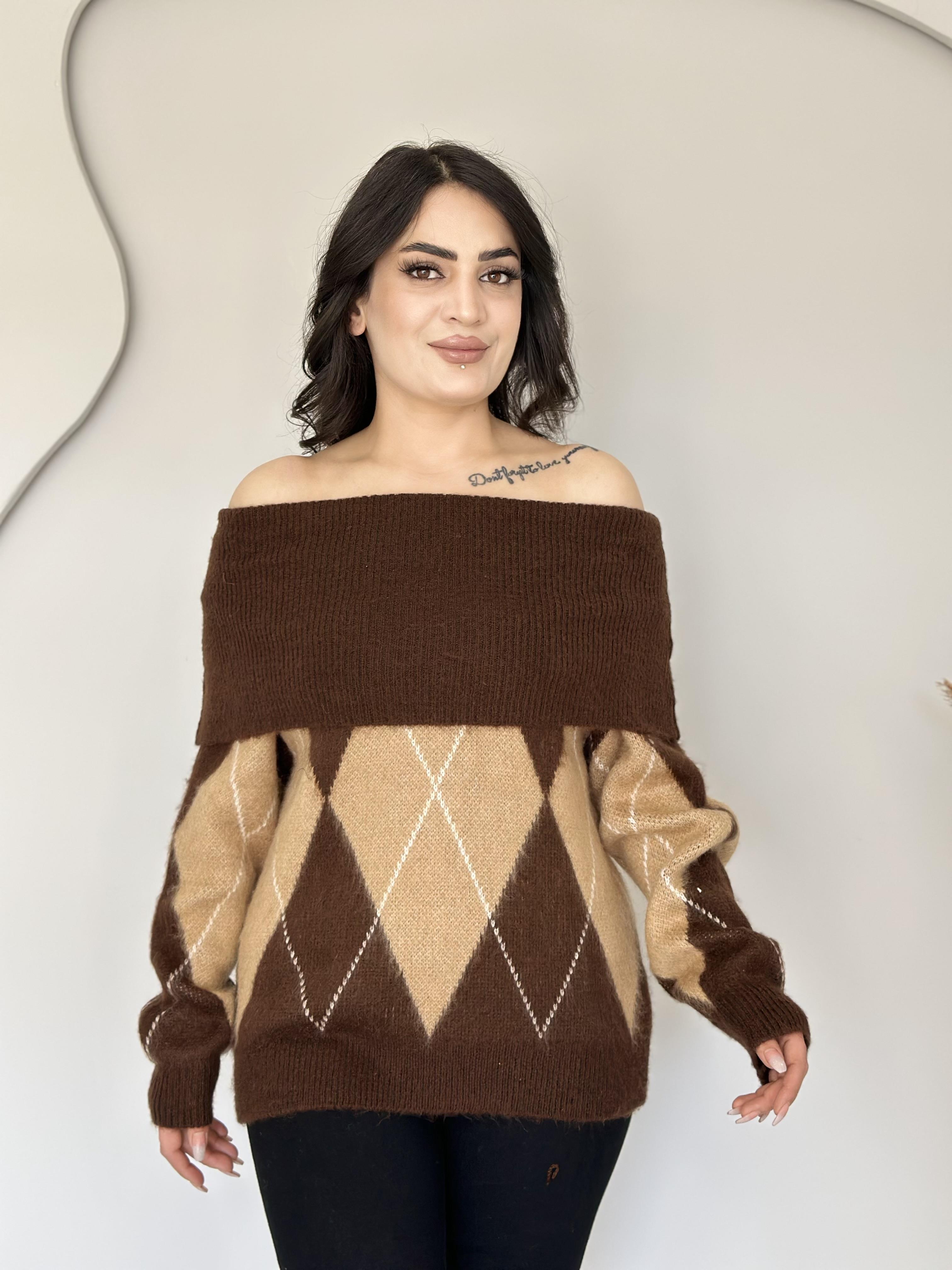 Zıva Acı Kahve Madonna Yaka Baklava Desen Triko Kazak E7777
