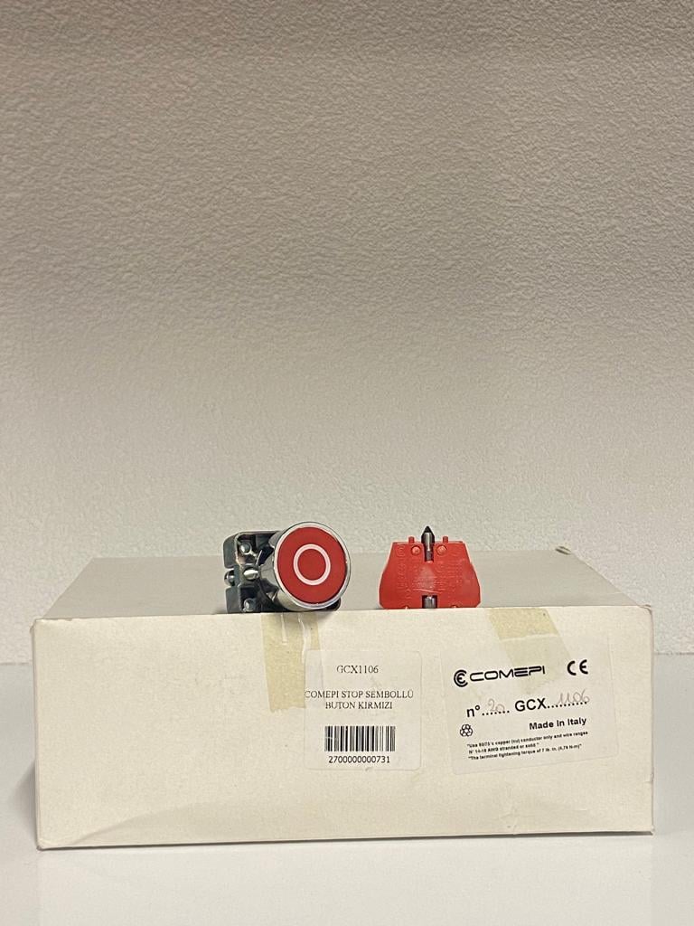 COMEPI STOP SEMBOLLÜ BUTON KIRMIZI Q22mm Yaylı sembollü 1NK kontak düzeni IP65