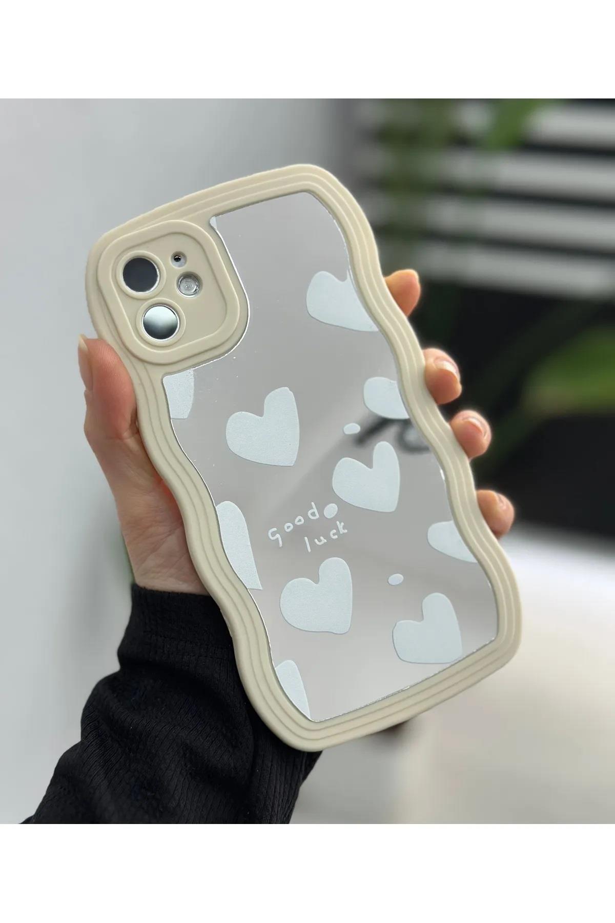  Iphone 11 Uyumlu Aynalı BEYAZ KALP Tasarım Dalgalı Kenar Darbe Önleyici Silikon Kılıf