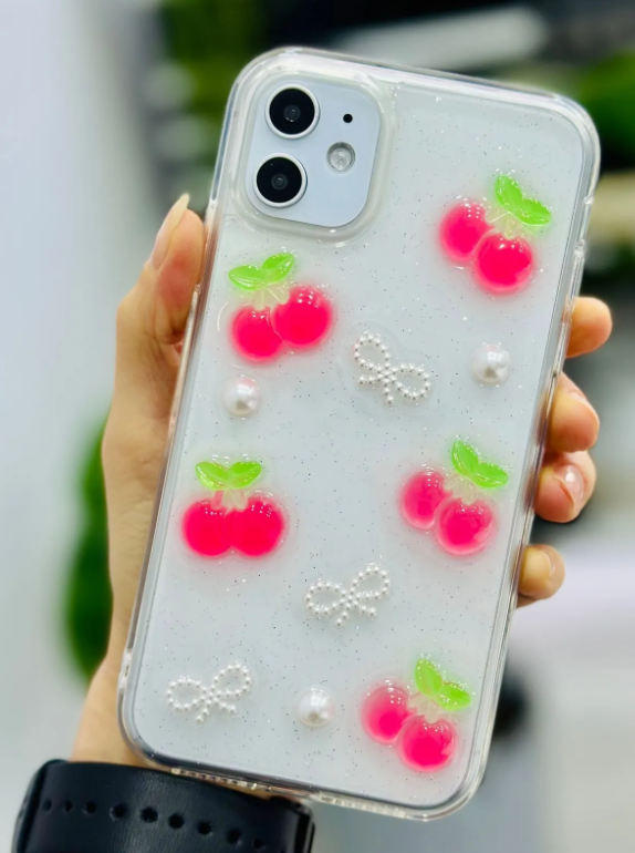  Iphone 11 Uyumlu İNCİ KİRAZ Tasarımlı Oyuncaklı Esnek Silikon Kılıf
