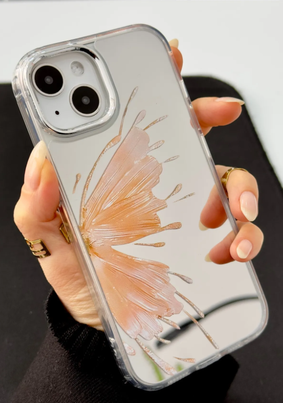  Iphone 13 - 14 - 15 Uyumlu Aynalı Gold Kelebek Model Silikon Kılıf