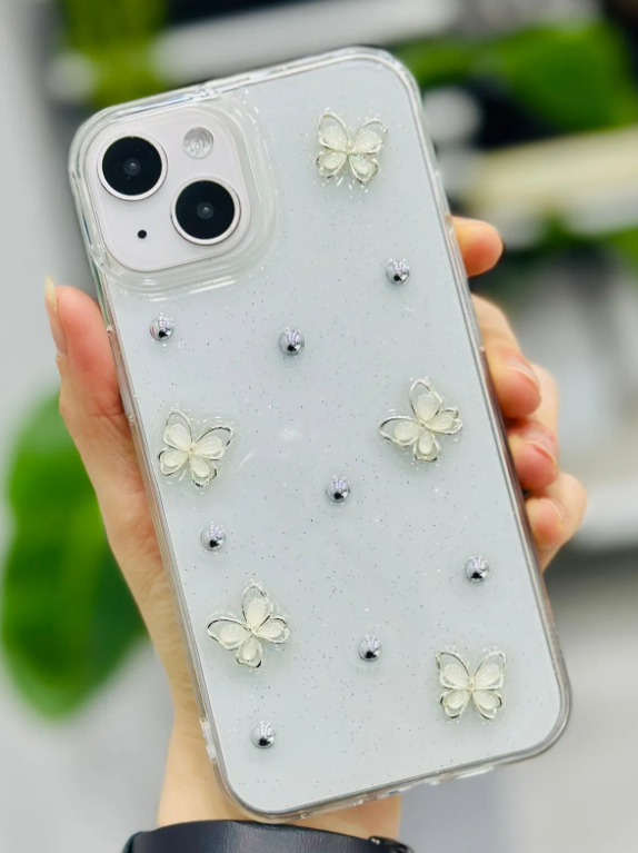  Iphone 13 - 14 ve 15 Uyumlu İNCİ KELEBEK Oyuncak Tasarımlı Esnek Silikon Kılıfı