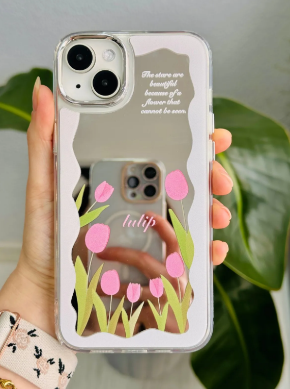  Iphone 14 Plus - 15 Plus Uyumlu Aynalı Tulip Tasarımlı Kenarları Silikon Kılıf