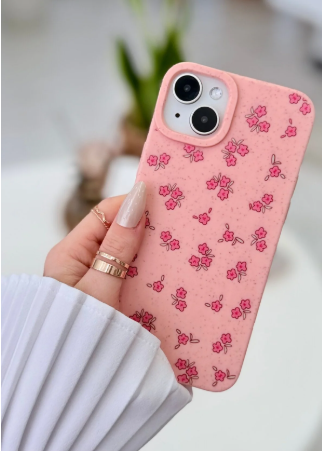  Iphone 14 Plus Ve 15 Plus Uyumlu BASKI Mini Pembe Çiçek Desenli Silikon Kılıf