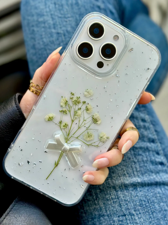  Iphone 16 Promax Uyumlu Buket Sİmli Çiçek Tasarımlı (Gerçek Çiçek) Silikon Kılıf