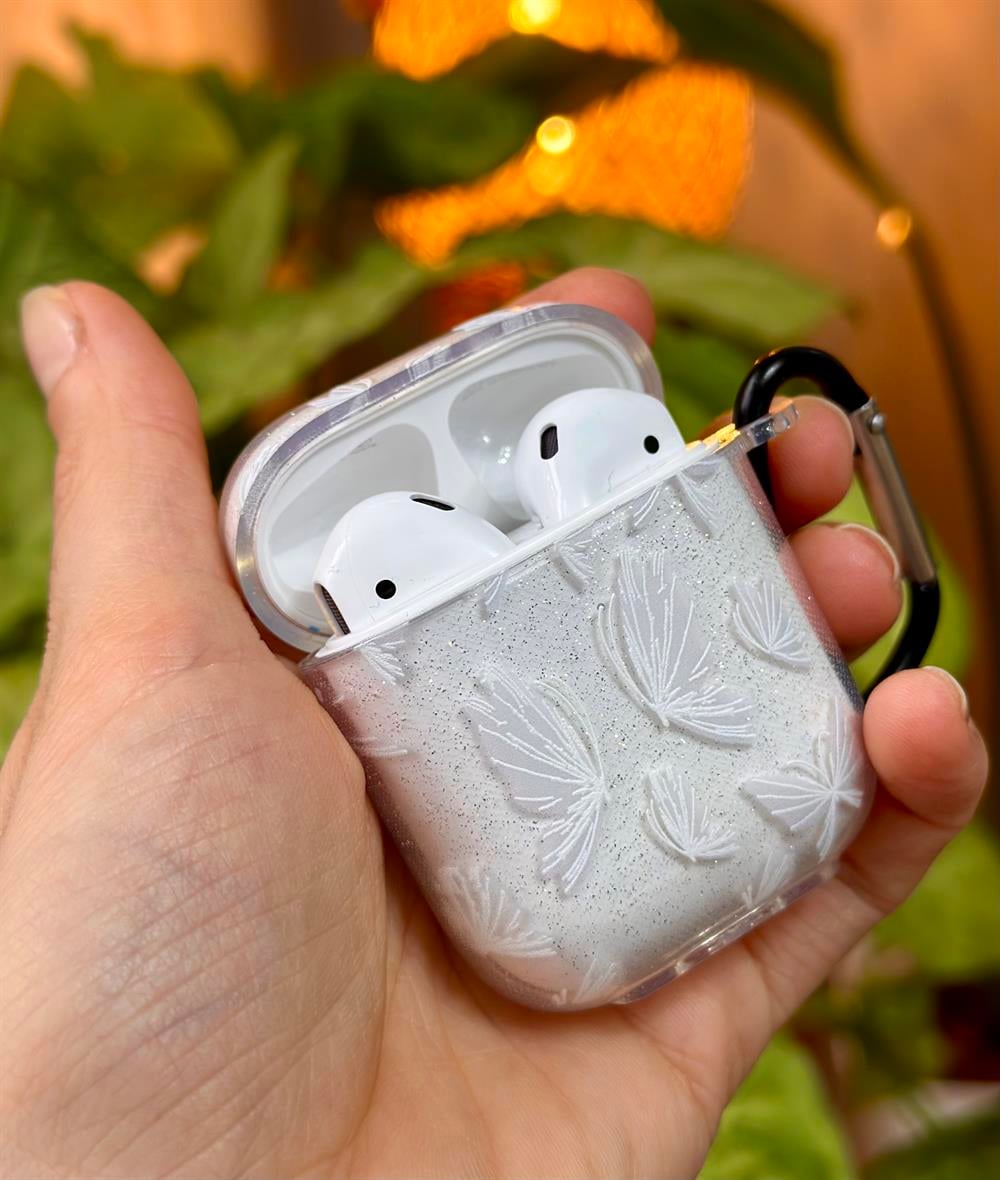 Airpods 1, NESİL VE 2, NESİL  Uyumlu KELEBEK Tasarımlı Simli Kalın Şeffaf Silikon Kılıf