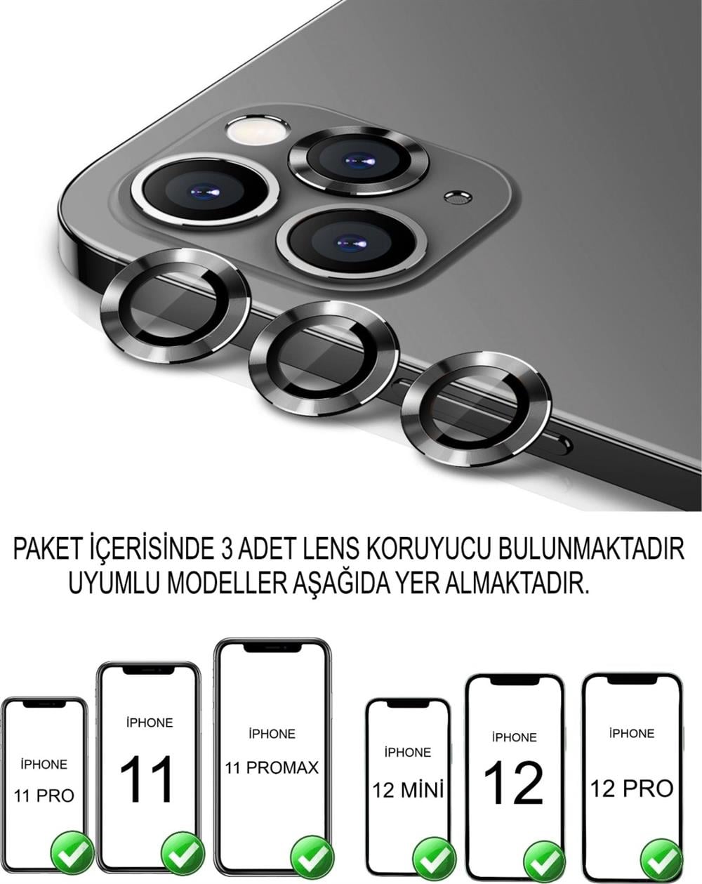 Iphone 11 - 11 PRO - 11 PROMAX - 12 MİNİ - 12 - 12 PRO  Birebir Uyumlu 3 LÜ Kamera Lens Koruyucu Cam