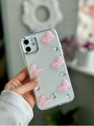 Iphone 11 Şeffaf 3d Pembe Kelebek Epoksili Oyuncaklı Silikon Kılıf