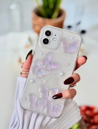 Iphone 12 ve 12 Pro Uyumlu Mor Kelebek Tasarım Oyuncaklı Esnek Silikon Kılıf