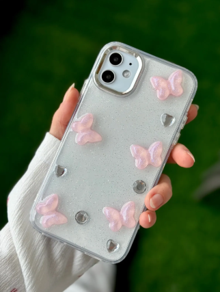 Iphone 12 ve 12 Pro Uyumlu Pembe Kelebek Tasarım Oyuncaklı Esnek Silikon Kılıf