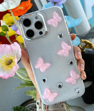 Iphone 14 Promax Uyumlu 3d Pembe Kelebek Tasarımlı Epoksili Oyuncaklı Kılıf