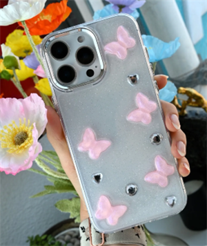 Iphone 14 Promax Uyumlu 3d Pembe Kelebek Tasarımlı Epoksili Oyuncaklı Kılıf