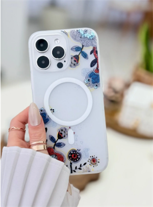 Iphone 14 Promax Uyumlu Gerçek Magsafe Çiçek Özellikli Şeffaf Baskılı Kılıf