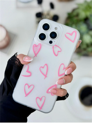 Iphone 14 Promax Uyumlu Parmak İzi Bırakmaz Mat Baskı PEMBE KALP Şeffaf Kılıf
